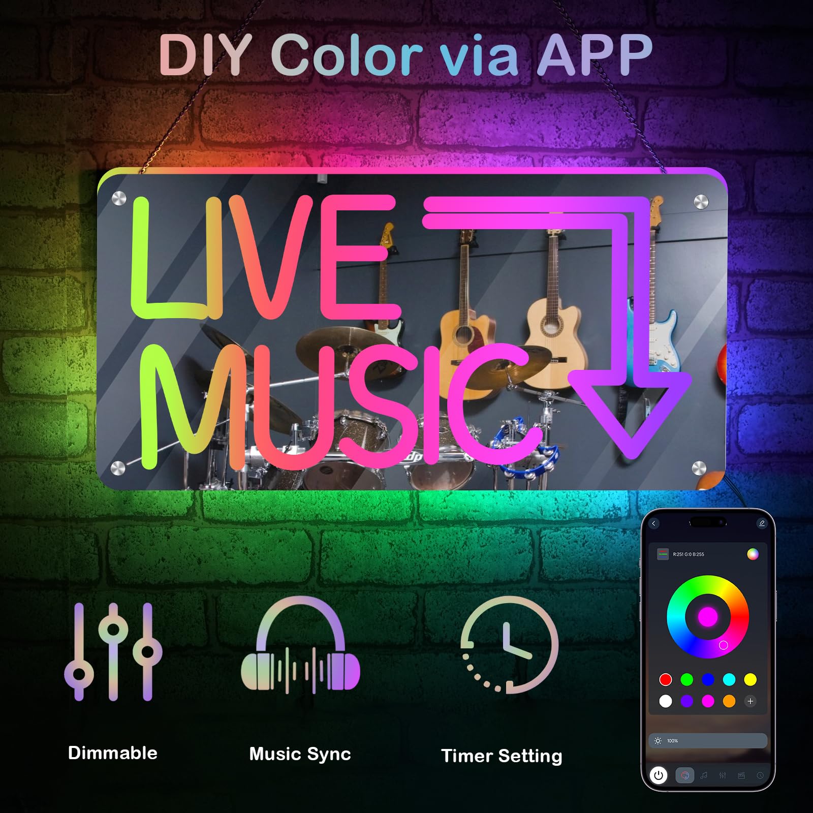 Wanxing Live Music Neon Sign, LED Wall D?or, App-Controlled Color, Mirror Finish