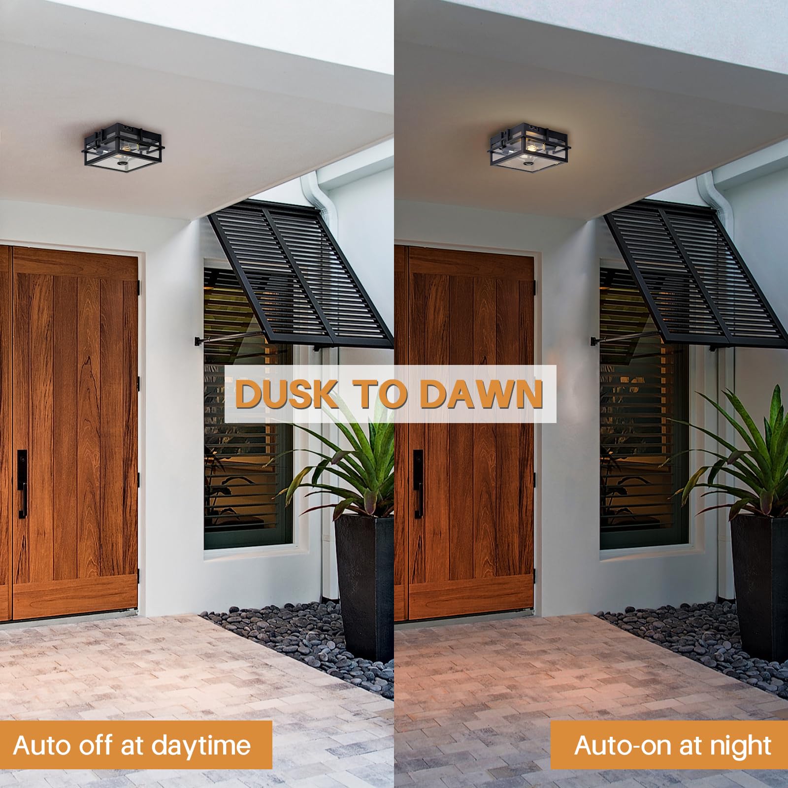 Vexagyle Upgraded Motion Sensor Outdoor Ceiling Light, Dusk to Dawn 2-Light Flush Mount, Black with Clear Glass for Porch, Garage, Patio