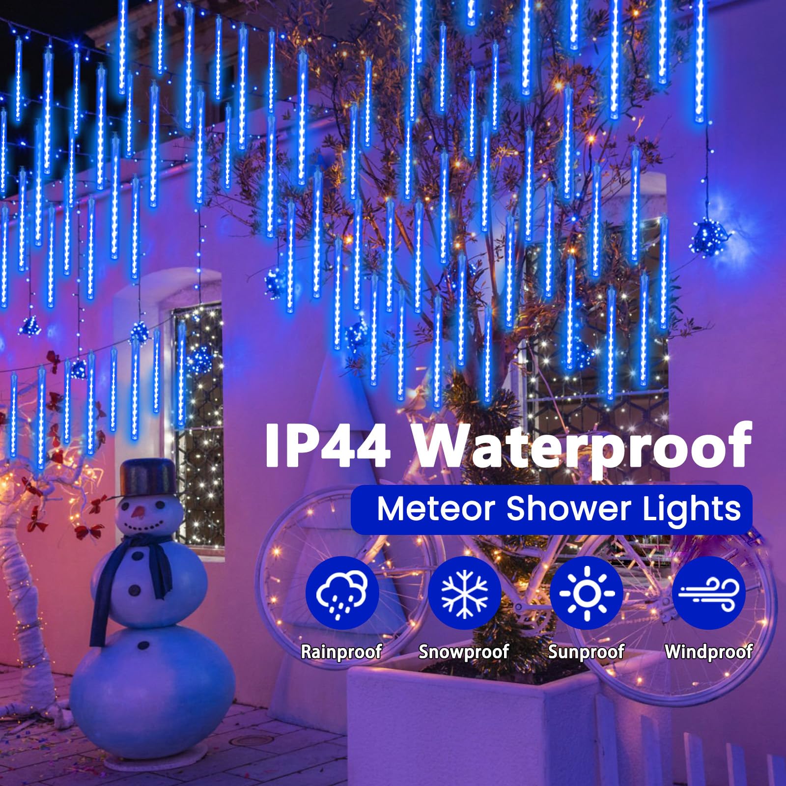 EXF Meteor Shower Lights 16 Tubes 384 LEDs Outdoor Indoor Rain Drop String Lights 2 Pack Plug in Blue Model MLS-D5V3.6WUT-O