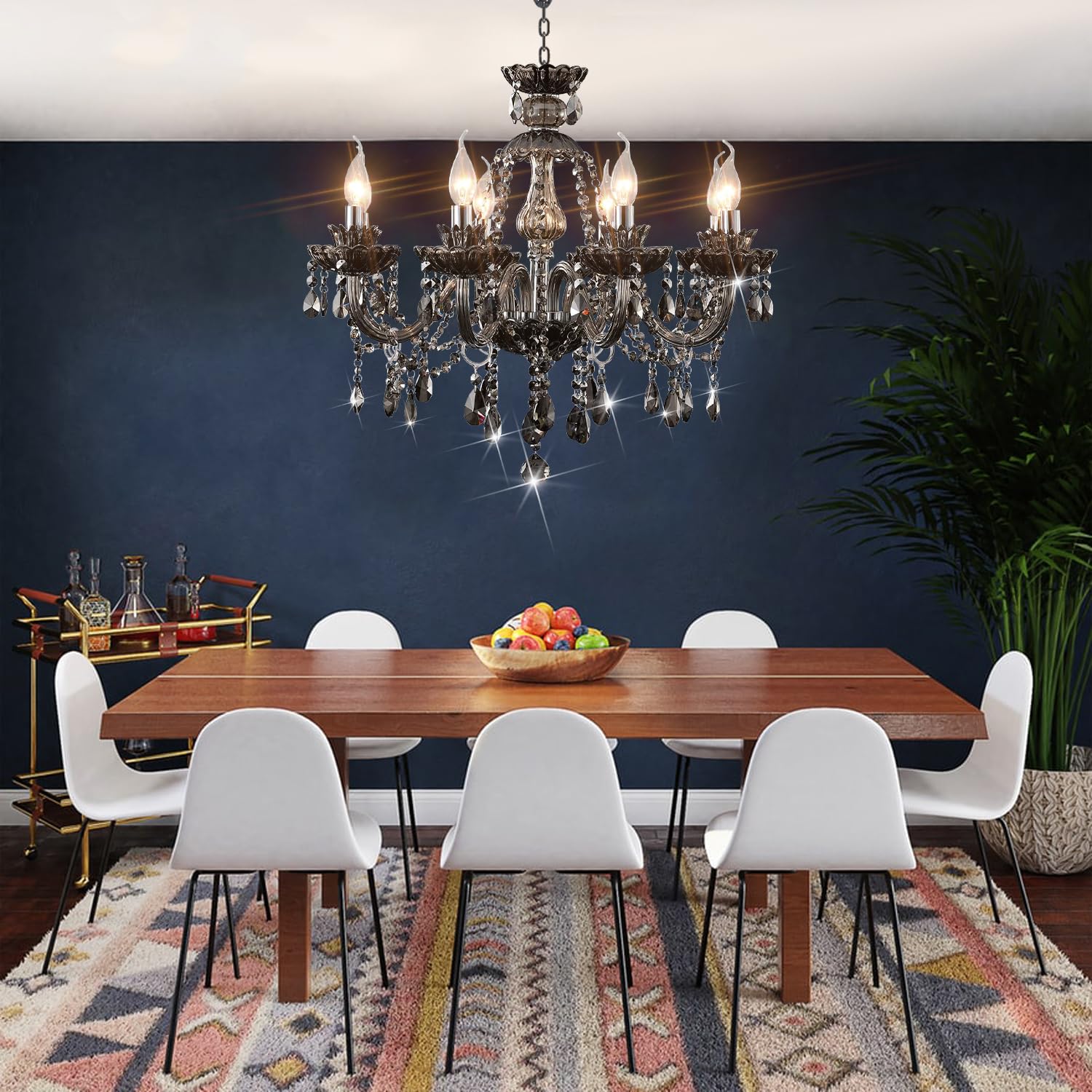 Luxurious Smoky Gray Crystal Chandelier For Living Room, Antique 6-Lights Teardrop Candle Chandelier Pendant Ceiling Lighting Fi