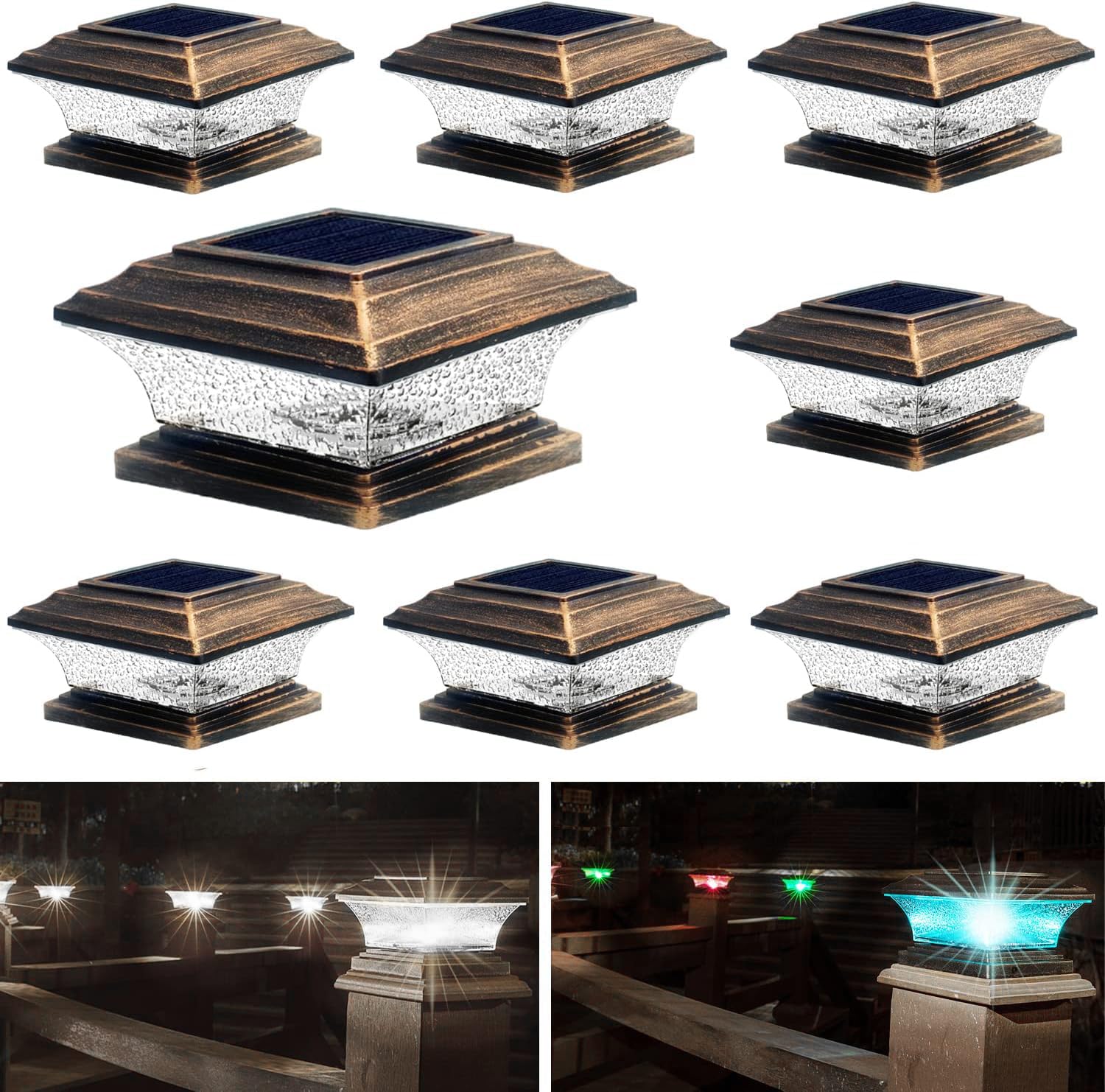 HUYIENO Solar Post Cap Lights Outdoor LED, Warm White/7 RGB, 4x4 & 5x5, Brushed Copper, 8pk, Model HY1238C-