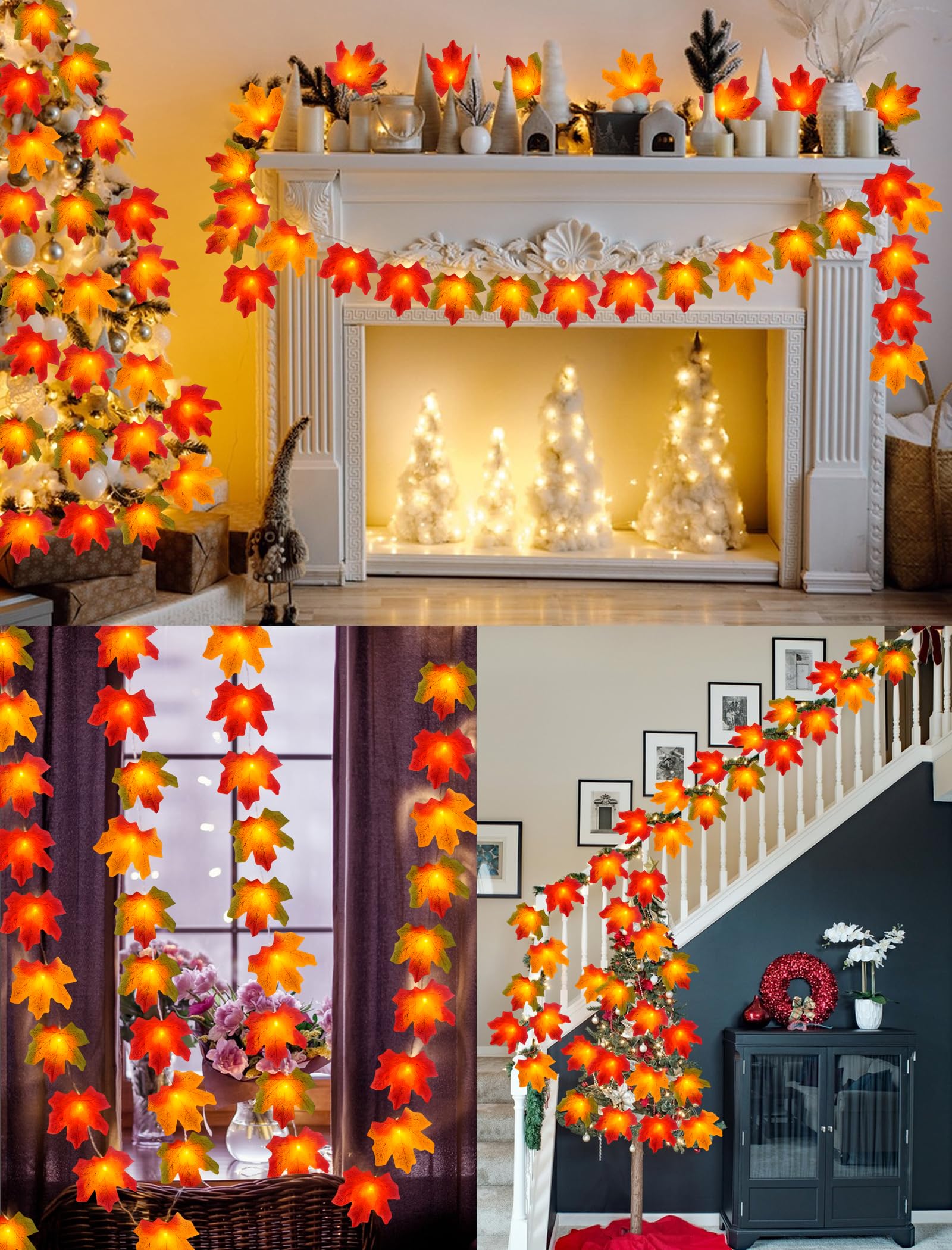 Eoako 20Ft Led Fall Maple Leaves String Lights - Warm White Outdoor Decor For Halloween & Thanksgiving