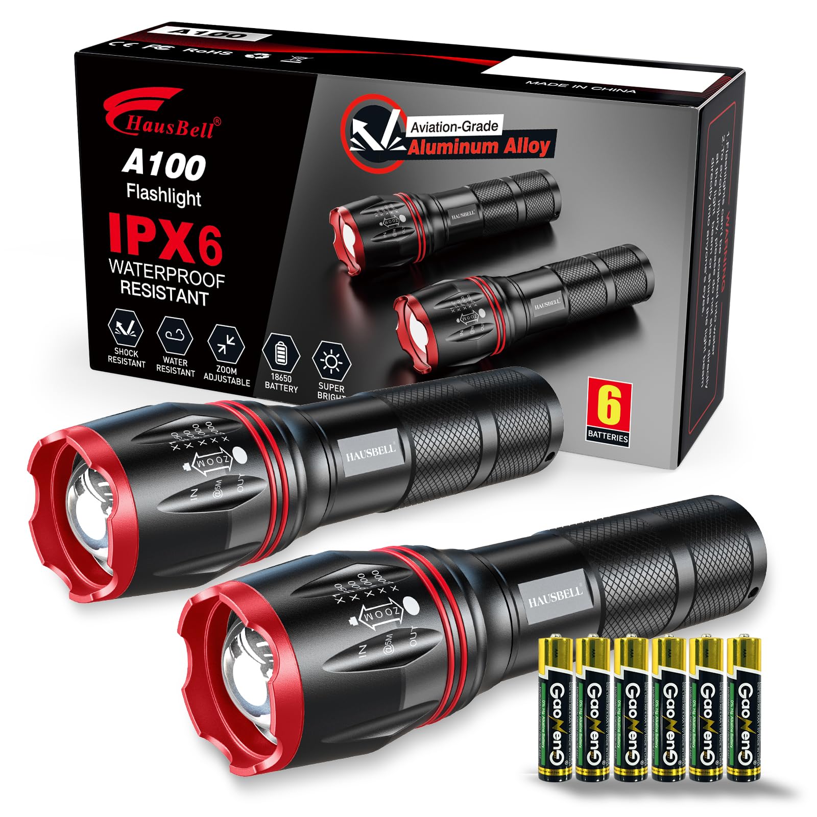 Hausbell Led A100 Flashlight Bright, Zoomable Tactical Flashlights Flash Light With High Lumens And 5 Modes For Emergency And Ou