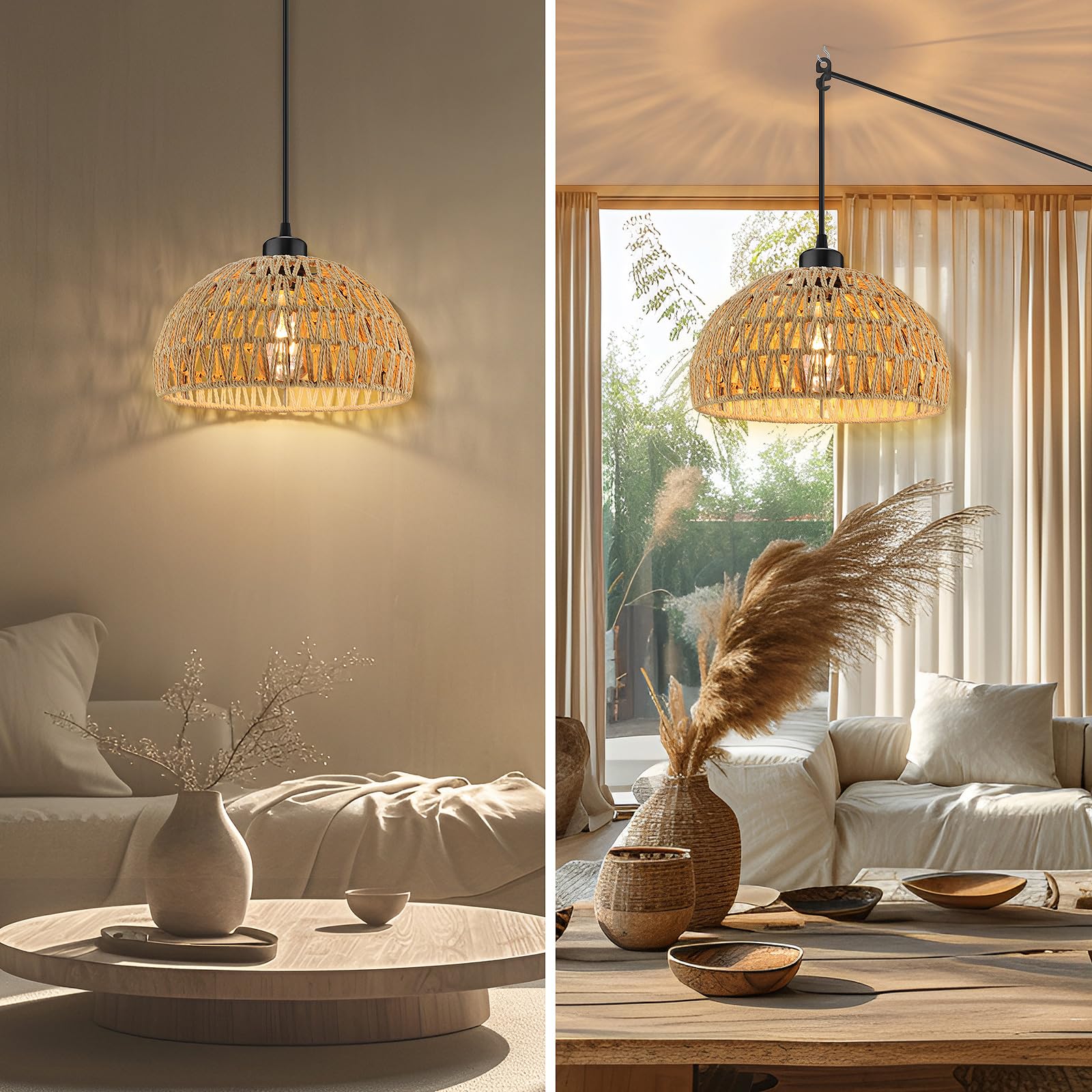 Plug In Pendant Light, 15Ft Hemp Rope Cord,Hanging Light With Plug In Cord Dimmable Switch Rattan Hanging Lamp Wicker Woven Basket Lampshade, Industrial Plug In Ceiling Light Fixture For Kitchen Brown