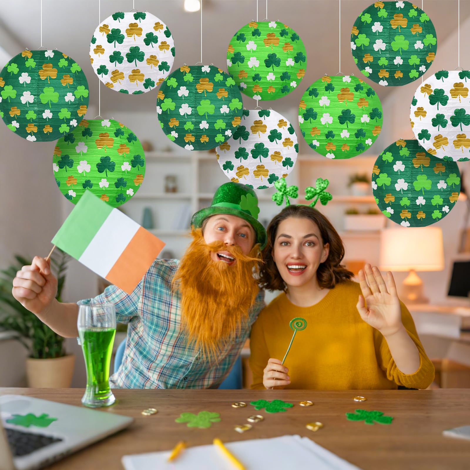KAXIXI St Patricks Day Paper Lanterns, Green Four-Leaf Clover, 6pcs, Festive Decorations for Indoor/Outdoor Parties