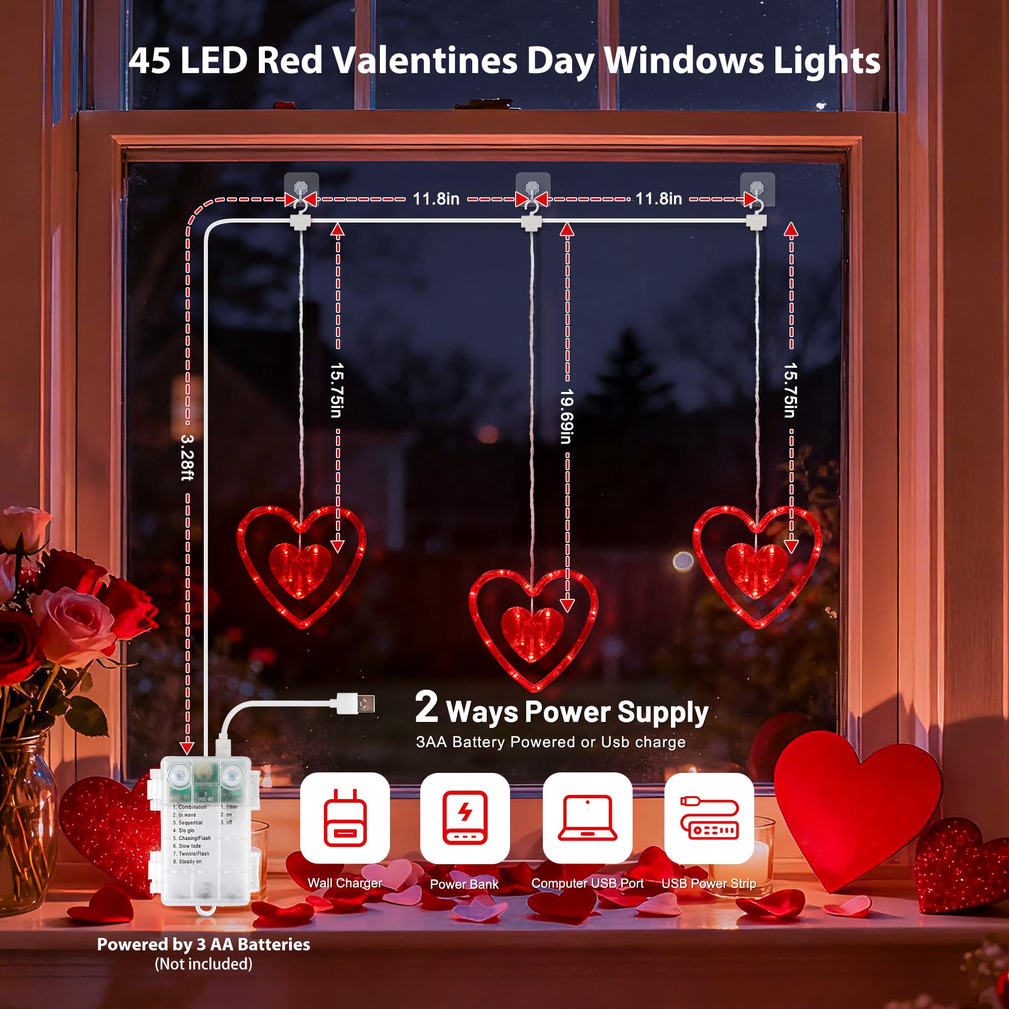 Hopolon Valentines Day Window Lights 2Ft 45Led Red Heart Valentines Day Decorations Lights Battery/Usb Operated Light Waterproof  8Modes&Timer For Indoor Outdoor Holiday Home Wall Door Decor(4Hooks)