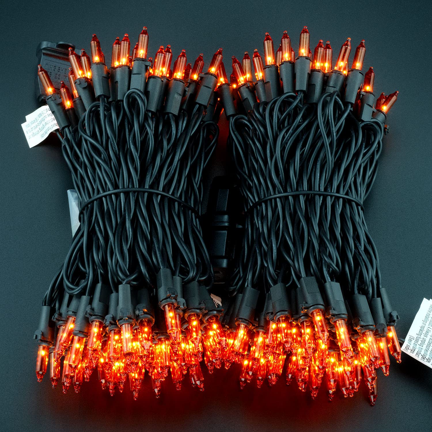 Yuletime Orange String Lights With Black Wire, 66 Feet 200 Count Ul Certified Christmas Light, Pack Of 2 Sets 33 Ft 100 Amber Mi