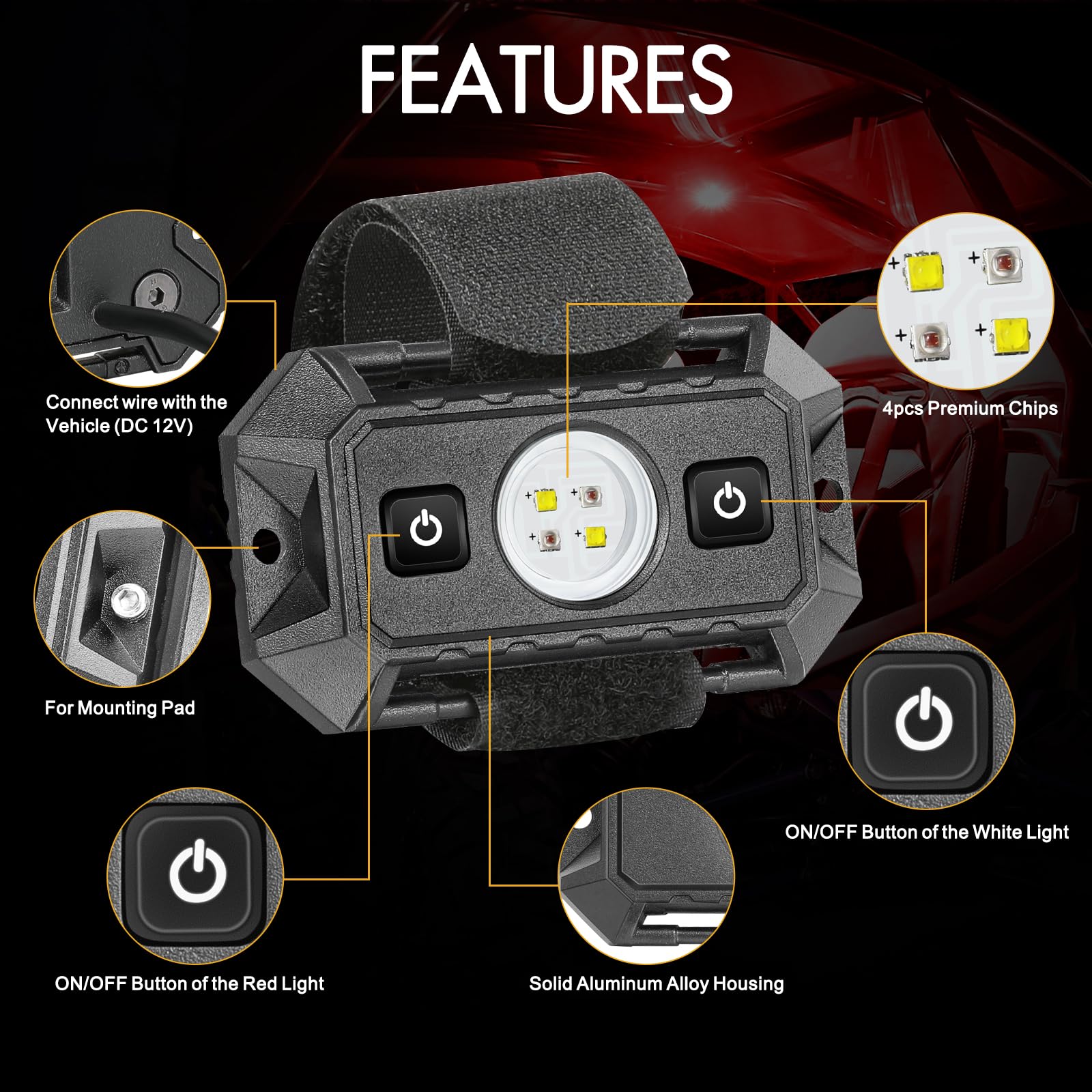 Utv Interior Dome Lights 12V Wired  Rfroad Lighting Led Dome Lights Universal Roll Bar Mount Led Light Utility Roll Cage Light For Utv Atv Rzr Can-Am Truck Golf Cart Sxs Cab - White/Red 2 Pack