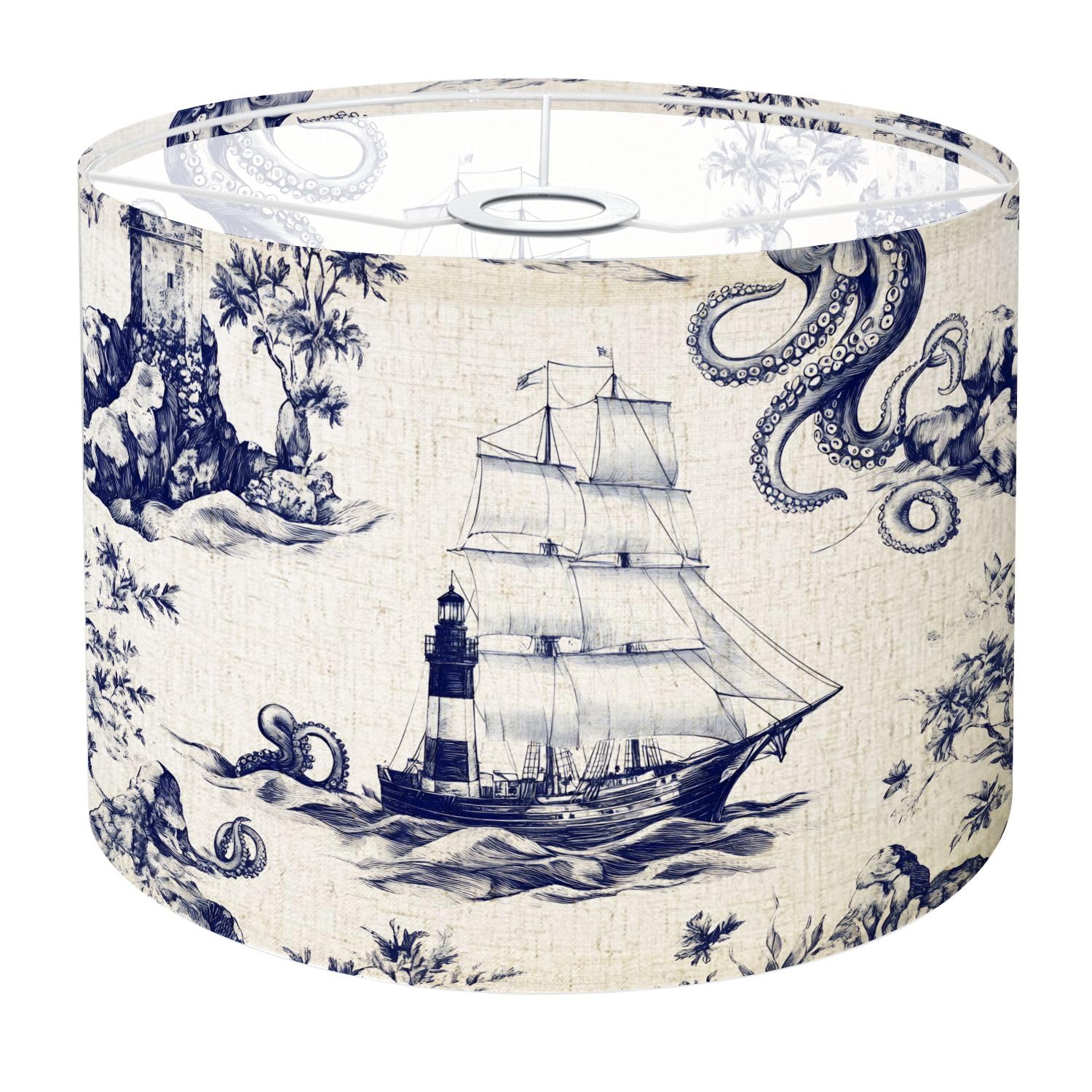 Drum Lamp Shade Blue Deep Sea Toile Sailing Ship Lighthouse Octopus Rocky Shores Lampshade 8.9x11x11 for Table Lamps Floor Lamps