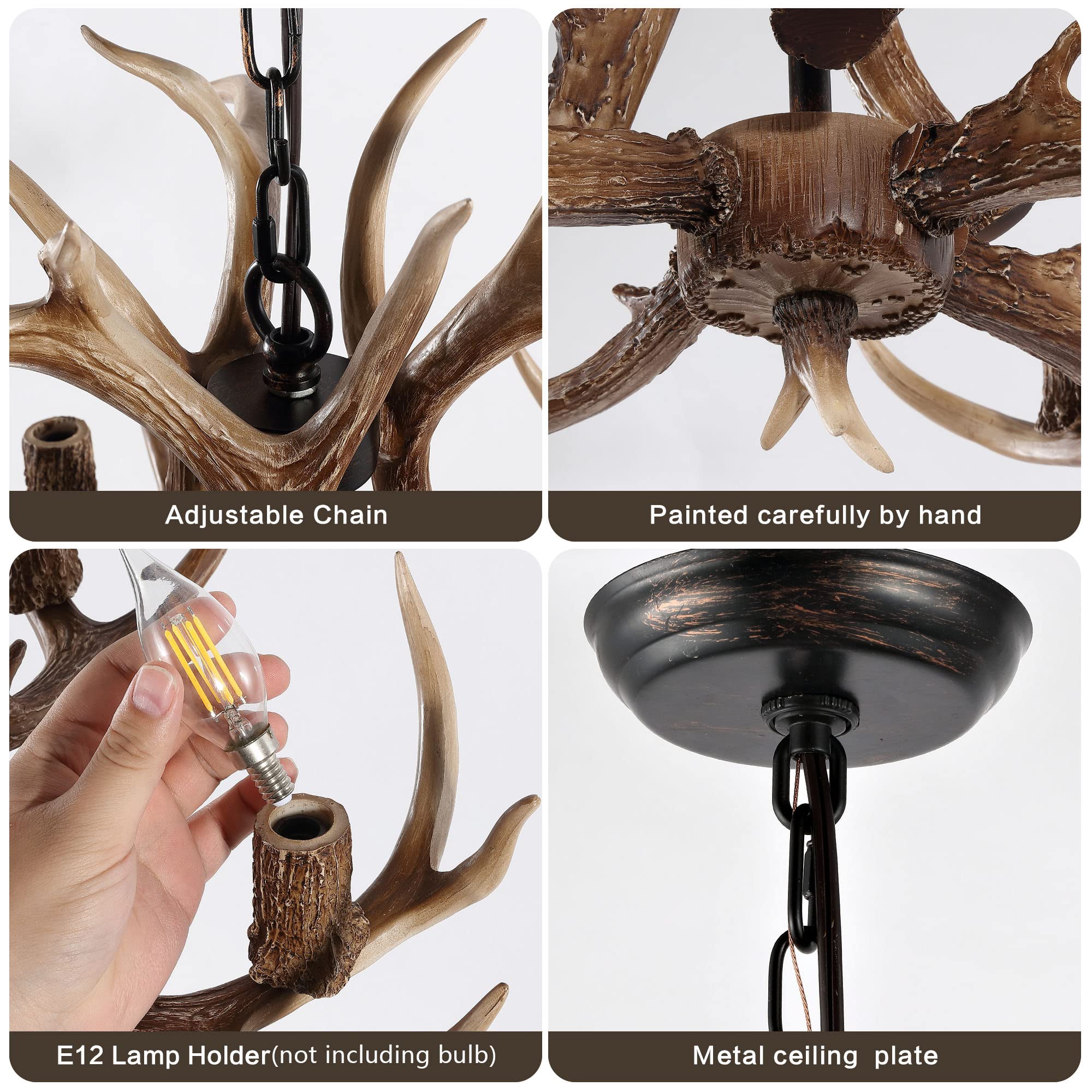 OLHAPZP Antler Chandelier Light Fixture, Vintage Rustic Design, 4 Lights, Brown, Ideal for Dining Room, Kitchen, Entryway