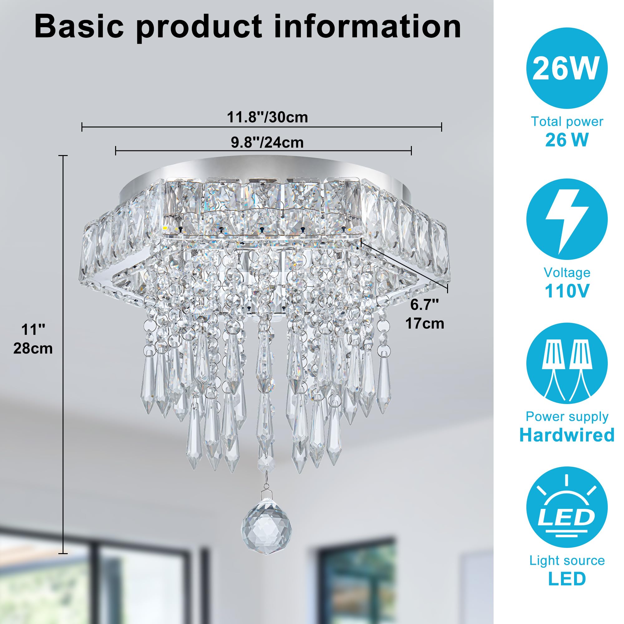 HomLaiting Crystal Semi Flush Mount Ceiling Light Fixture 11.8in Hexagon 6500K Chandelier for Bedroom and Dining Room