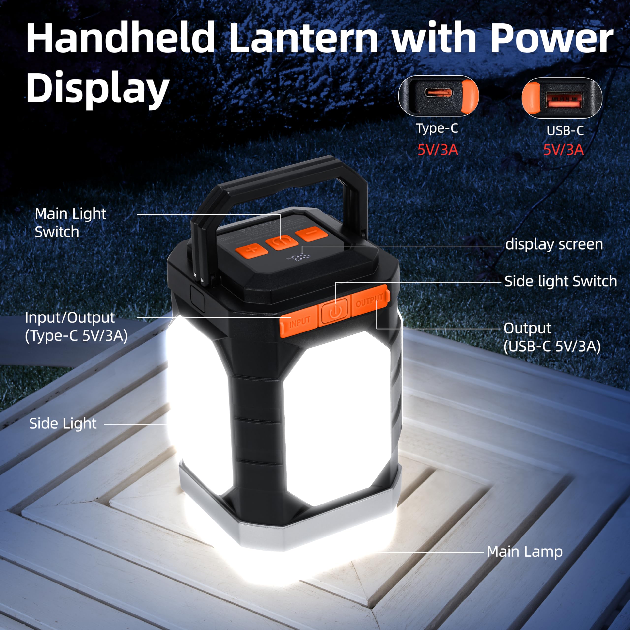 Sinvitron Camping Lantern Rechargeable 30,000mAh 1000 Lumens IPX5 Waterproof 1 Pack Black&Org Model C29