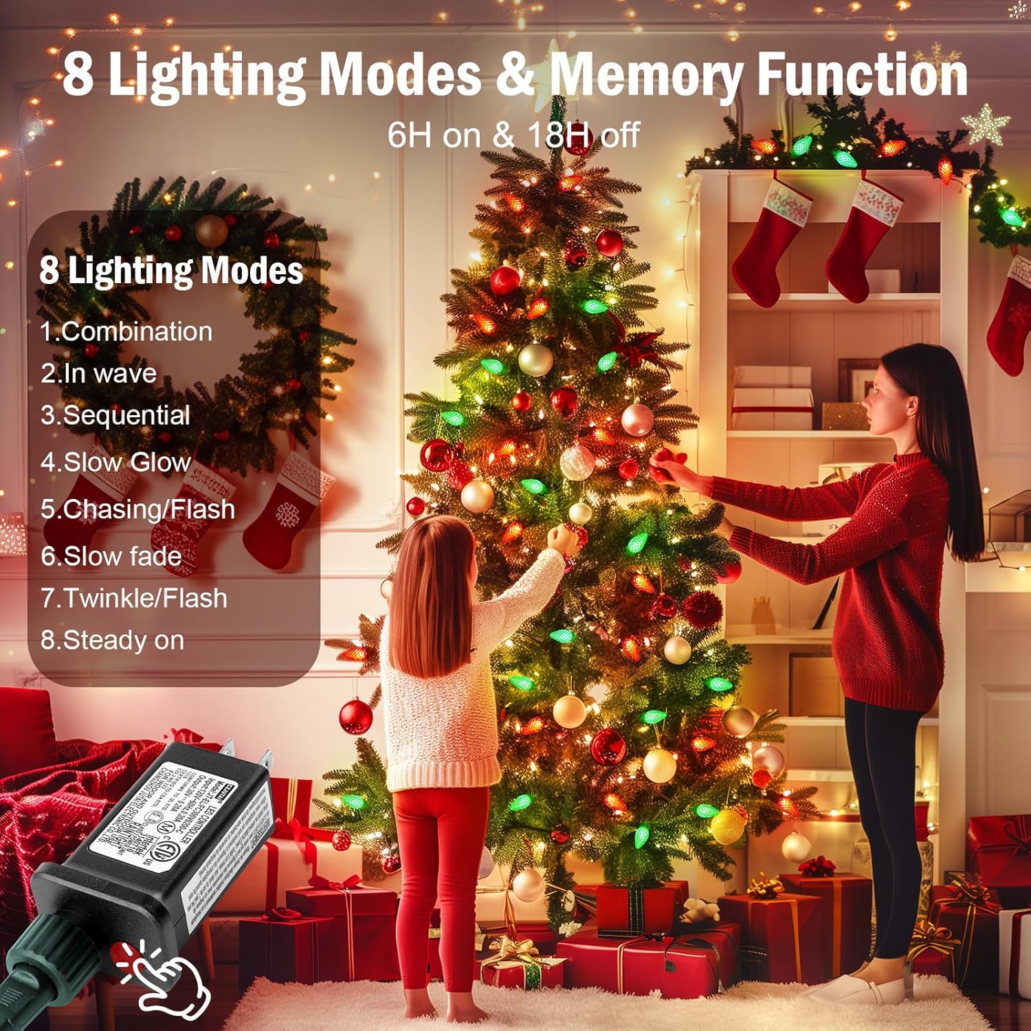 Minetom C9 LED Christmas Lights - 200 LED, 147 ft, Waterproof, 8 Modes, Red and Green, Model JT-EL/FC300V0200-C