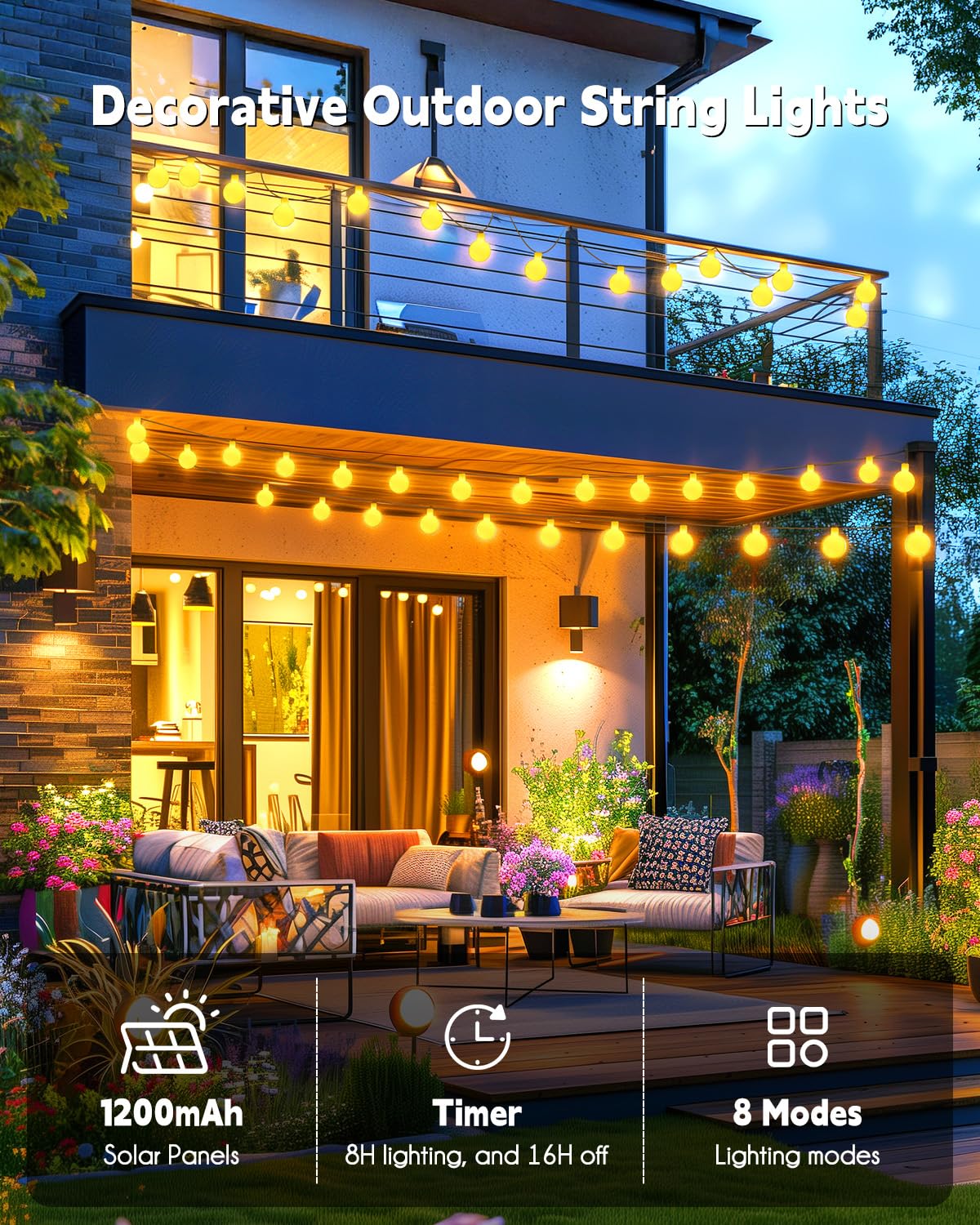 Brightown Solar String Lights, 60 LED Globe Lights, 19.6Ft, Waterproof, 8 Modes, Warm White