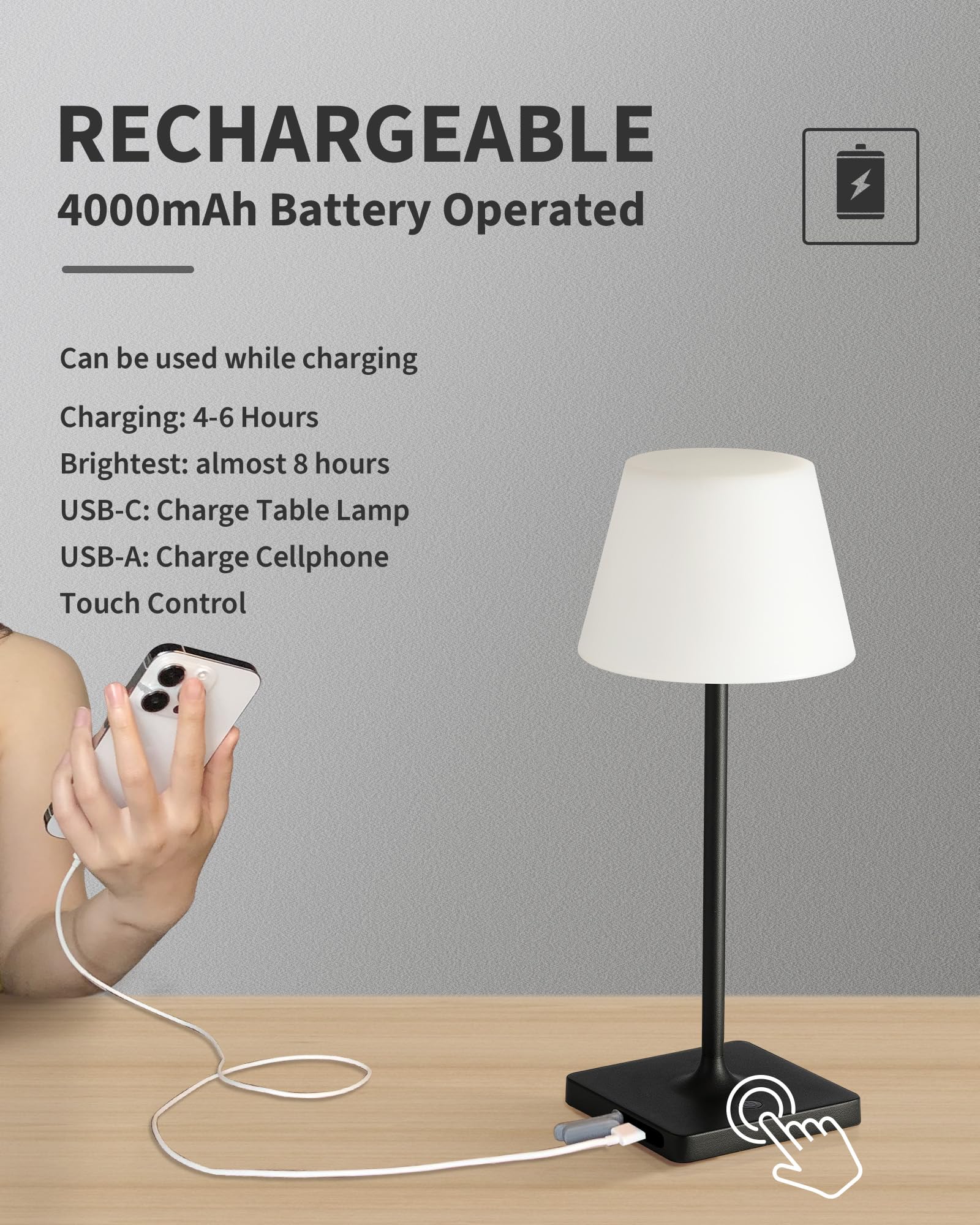 Newsee Outdoor Waterproof Cordless Table Lamp, 4000Mah Portable Rechargeable Battery Powered Dimmable Led Touch Table Light, Mod