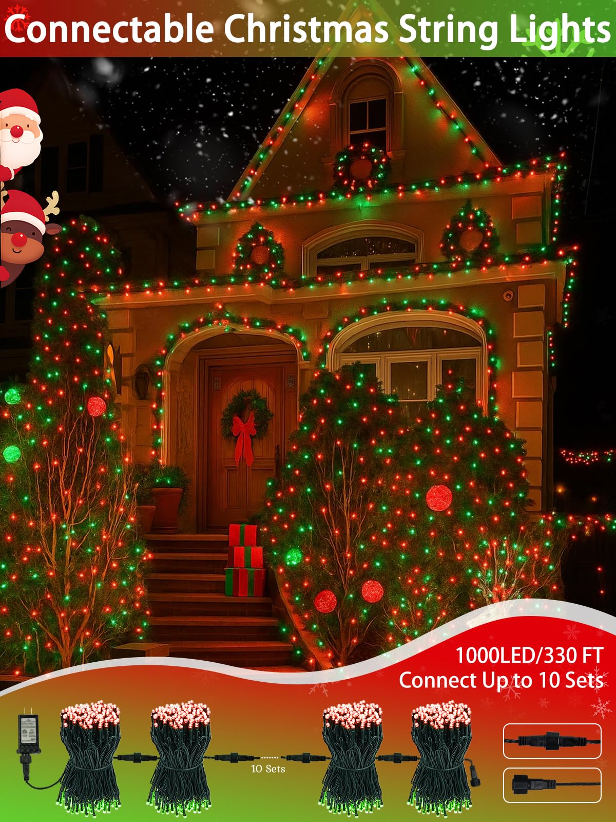 SANJICHA 2 Pack Christmas String Lights, 66FT 200 LED, Waterproof, 13 Modes, Timer, Red and Green