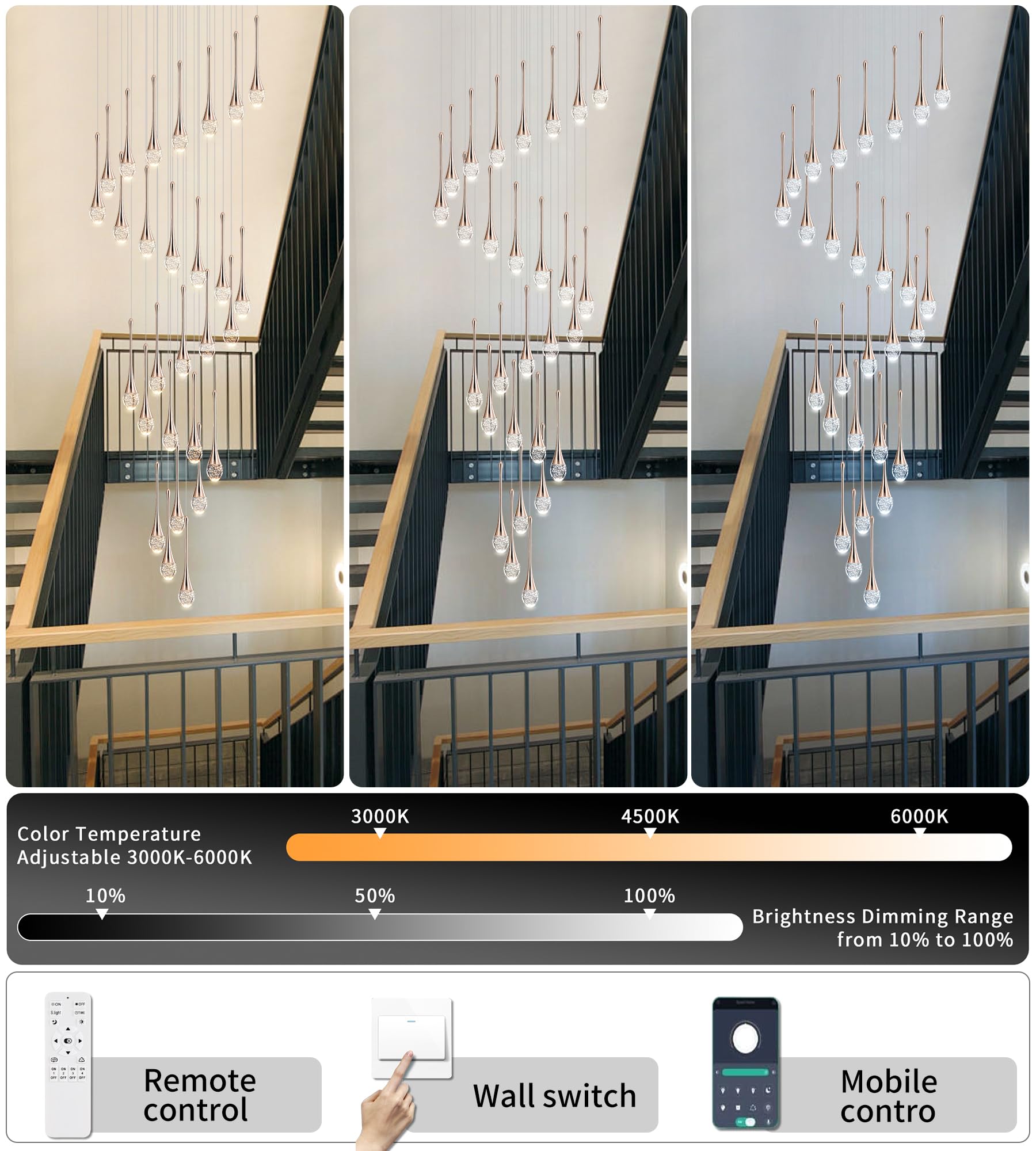 Upfelw 7-Light Modern Crystal Chandelier, Gold, Dimmable LED, H60in  High Ceiling, Model UCC-G07-0436