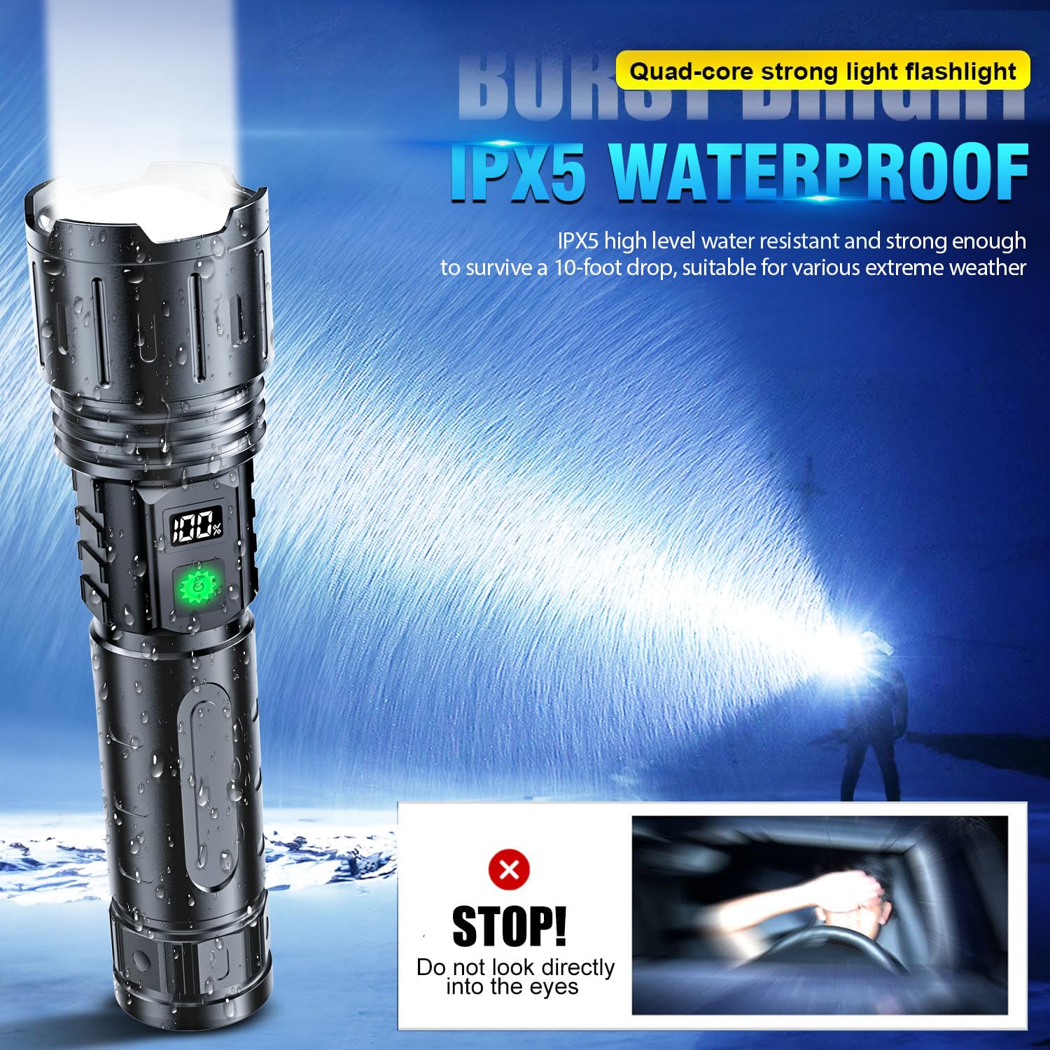 Hoxida K2302 Rechargeable Flashlight - 2000 Lumens, 1500m Beam, IPX5 Waterproof, 5 Modes, Aluminum, with Holster