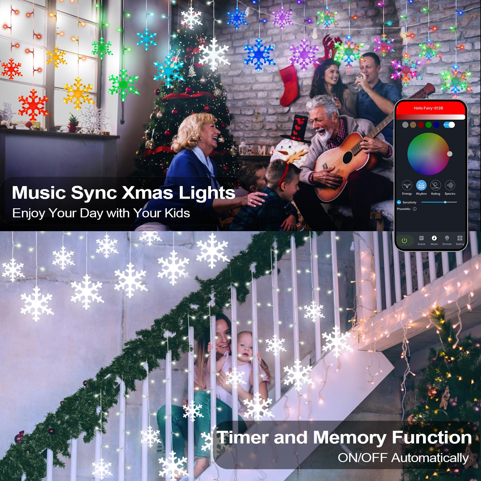 Smart Christmas Snowflake Icicle Lights, App Remote Control 16 Million Colors, 11.5Ft 156 Led 12 Drops Plug In Connectable, Curt