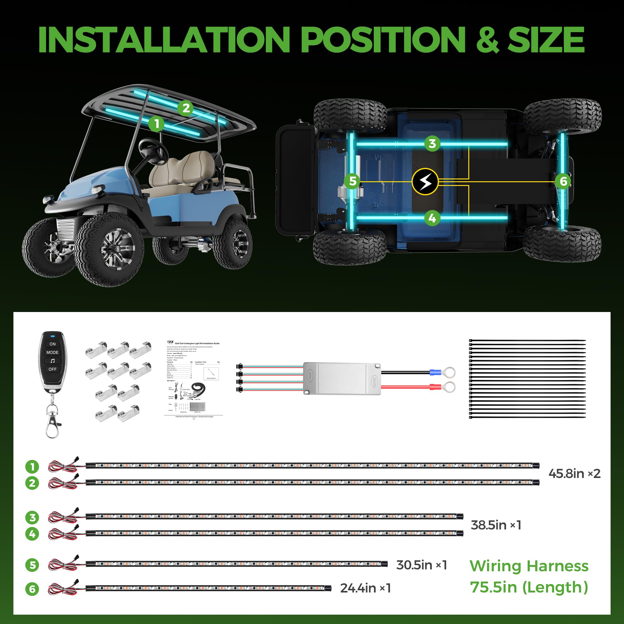 10L0L Golf Cart Led Light Strip Kit - 6Pcs Underglow, 24 Modes, Wireless Remote, Water Resistant, Includes Canopy Lights