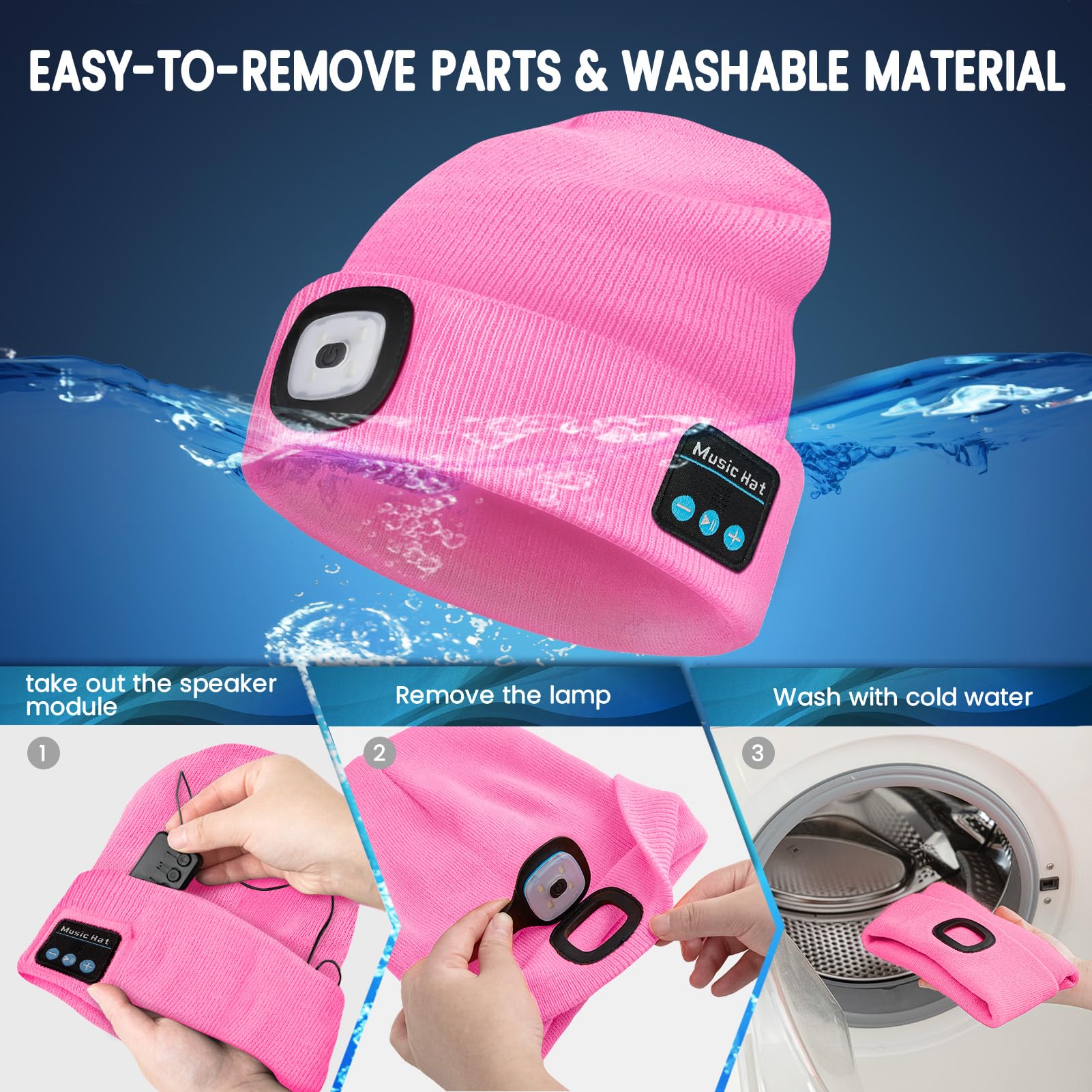 VIB high-standard Bluetooth Beanie Hat with Light, USB Rechargeable, Wireless Headphones, Model BHL2413, Pink, 100% Acrylic
