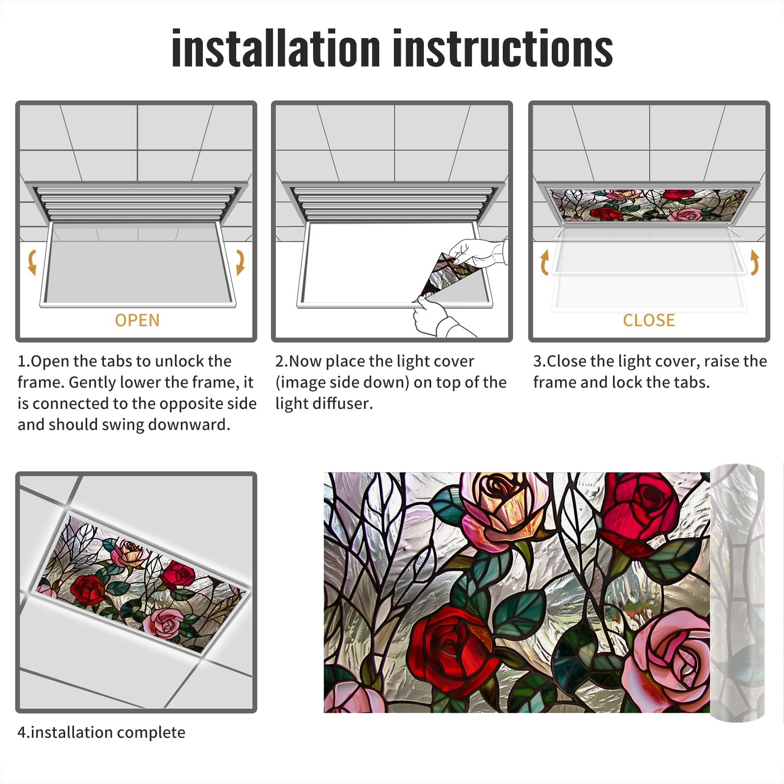 Msinmkok Fluorescent Light Covers For Ceiling Lights Classroom Office 4X2Ft Stained Glass Pink Roses Decorative Drop Ceiling Lig