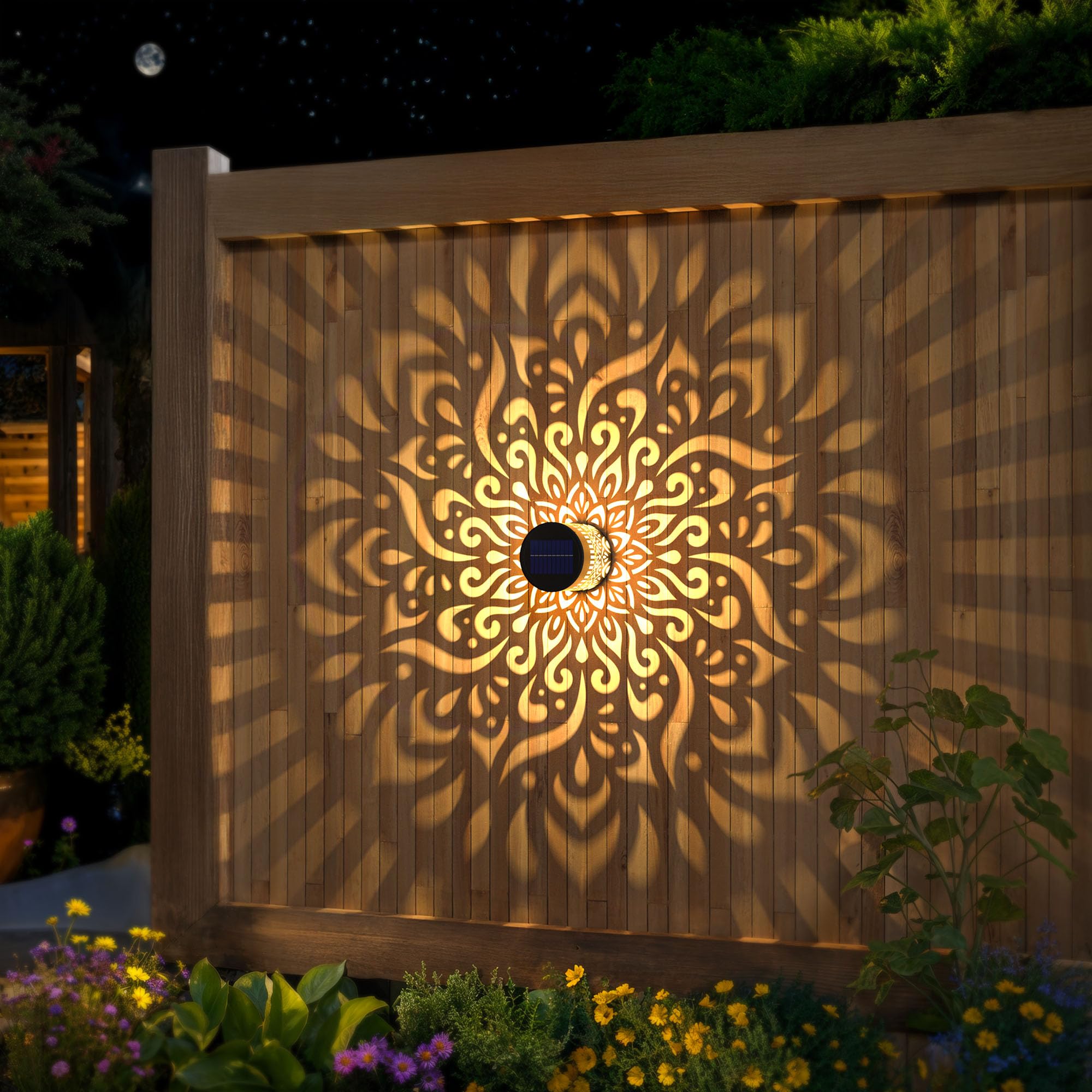 Gardencave Solar Fence Lights - 4 Pack, Metal and Plastic, Waterproof Mandala Theme, Outdoor Wall Deck Step Lights