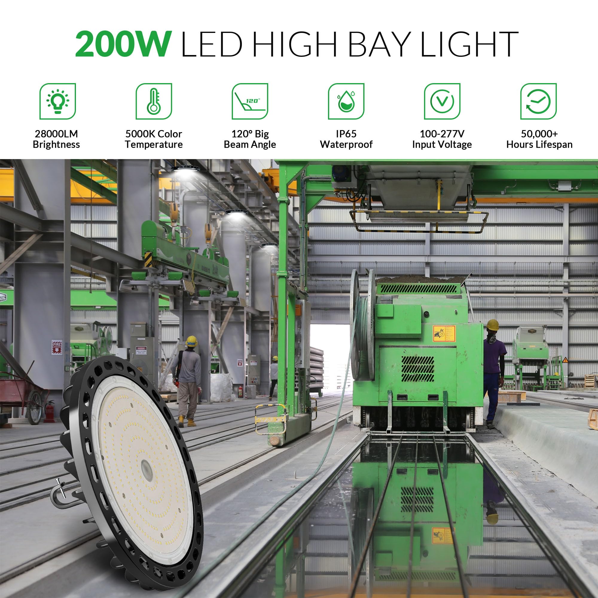 200W Ufo Led High Bay Light 2Pcs, 28000 Lm With Us Plug 5Ft Cable, 5000K, Commercial Industrial Warehouse Shop Factory Barn Garage Area Lighting Fixture, Non-Dim