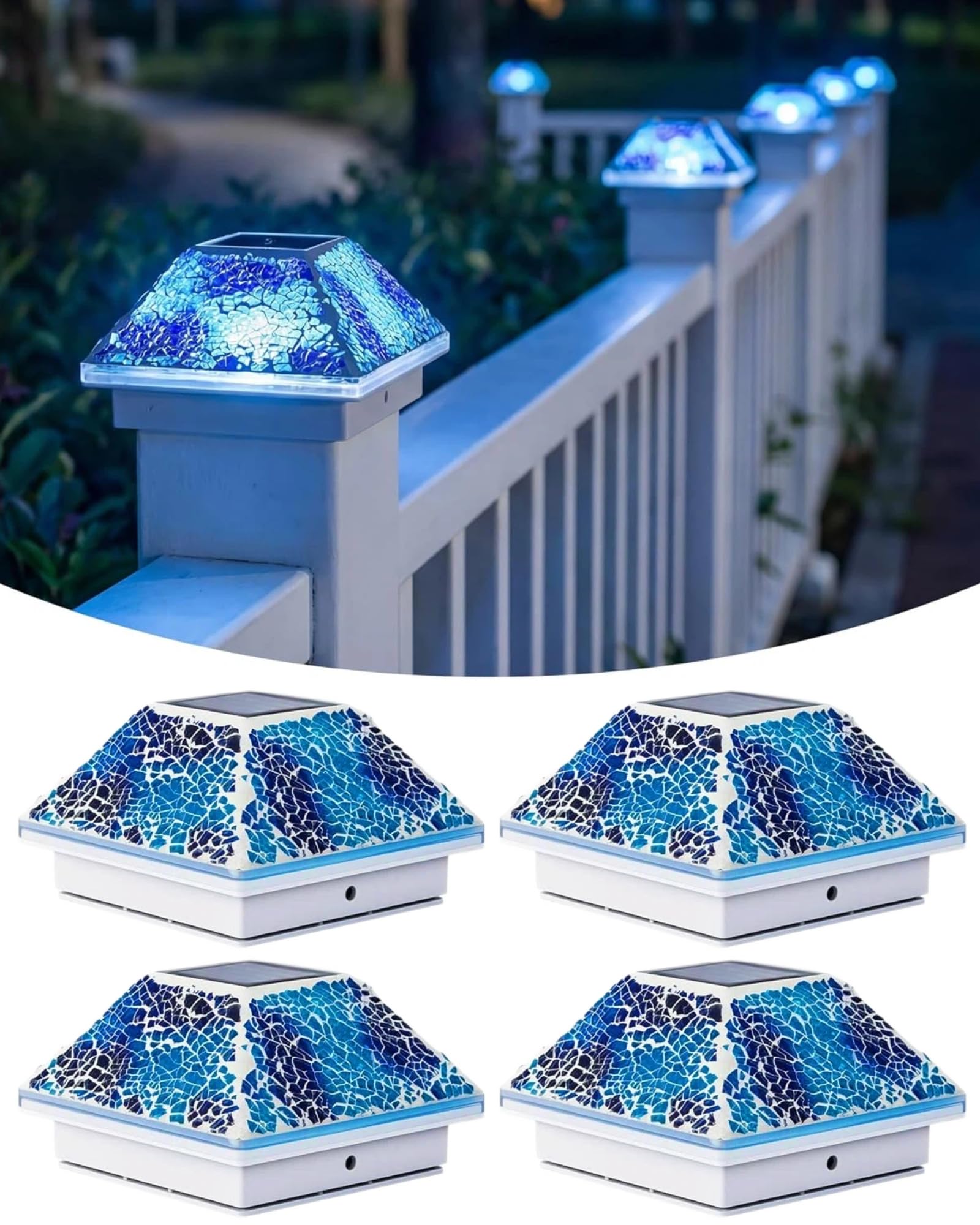 Tuanse 4 Pack Mosaic Solar Post Cap Lights Outdoor - Blue Crackled Glass Solar Fence Post Lights for 4x4 3.5x3.5 Wood PVC Posts,