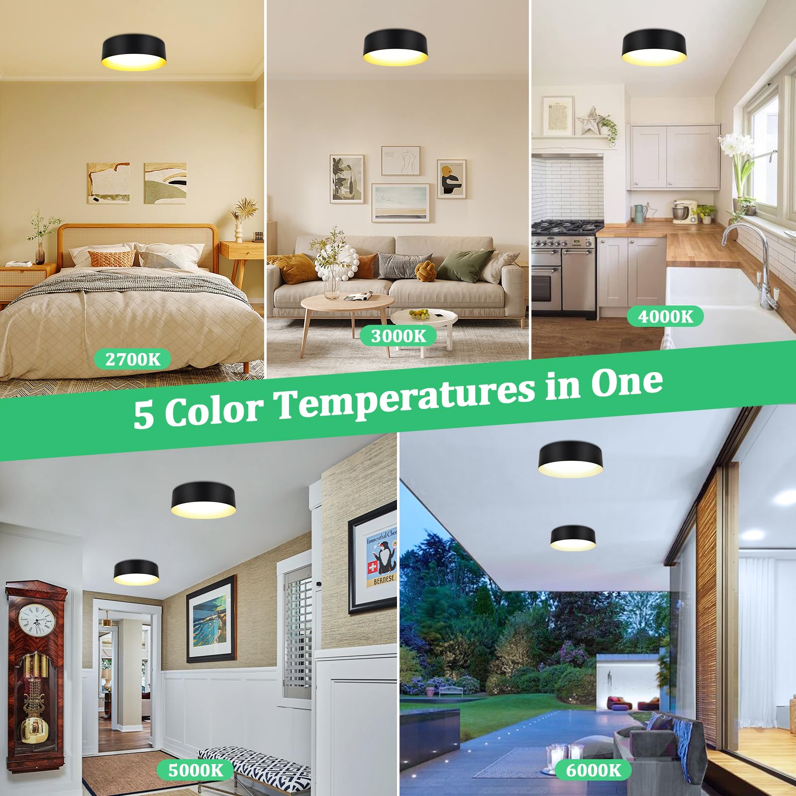 2-Pack Flush Mount Ceiling Lights, 25W Led Ceiling Light Fixtures 300W Equivalent 2600Lm 5Cct Adjustable Modern Black And Gold F