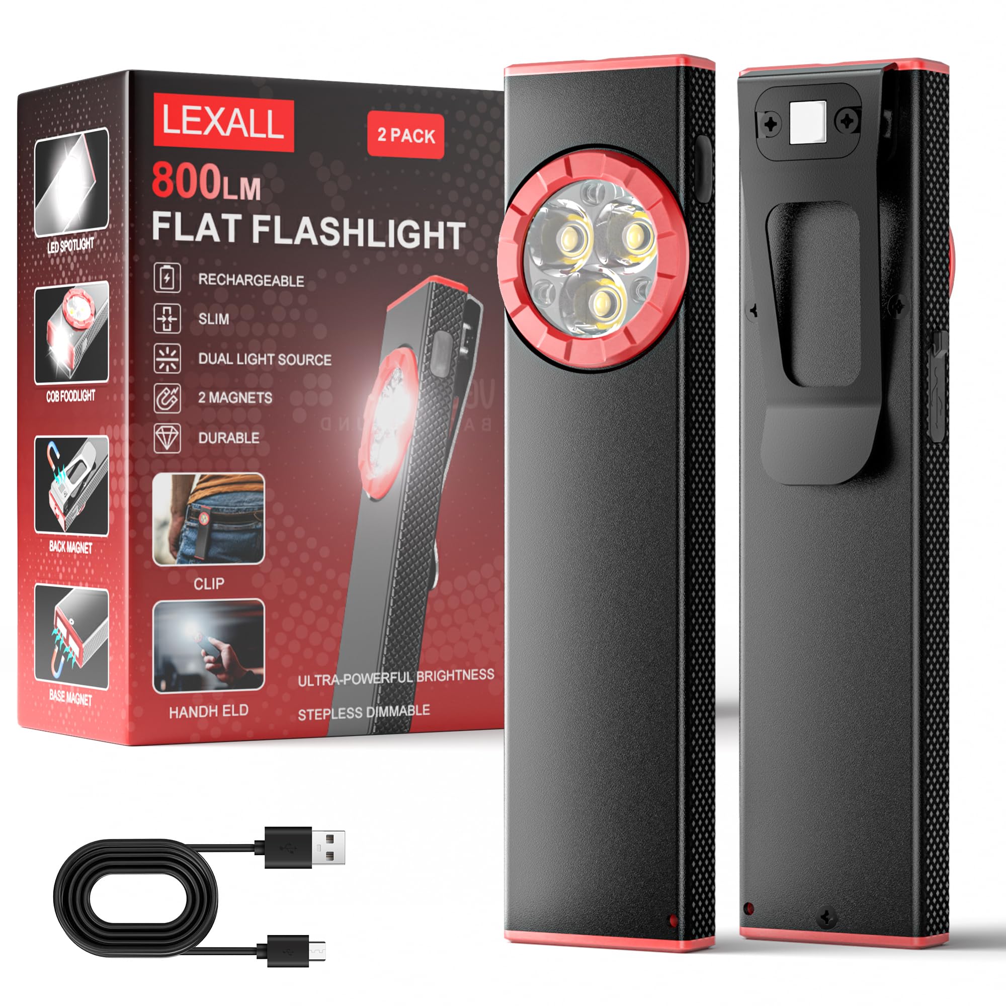 lexall Pocket Flashlight, Rechargeable EDC Flashlight, Super Slim Flat USB-C Port, IPX4, Dual Light Source with Magnetic Base, H
