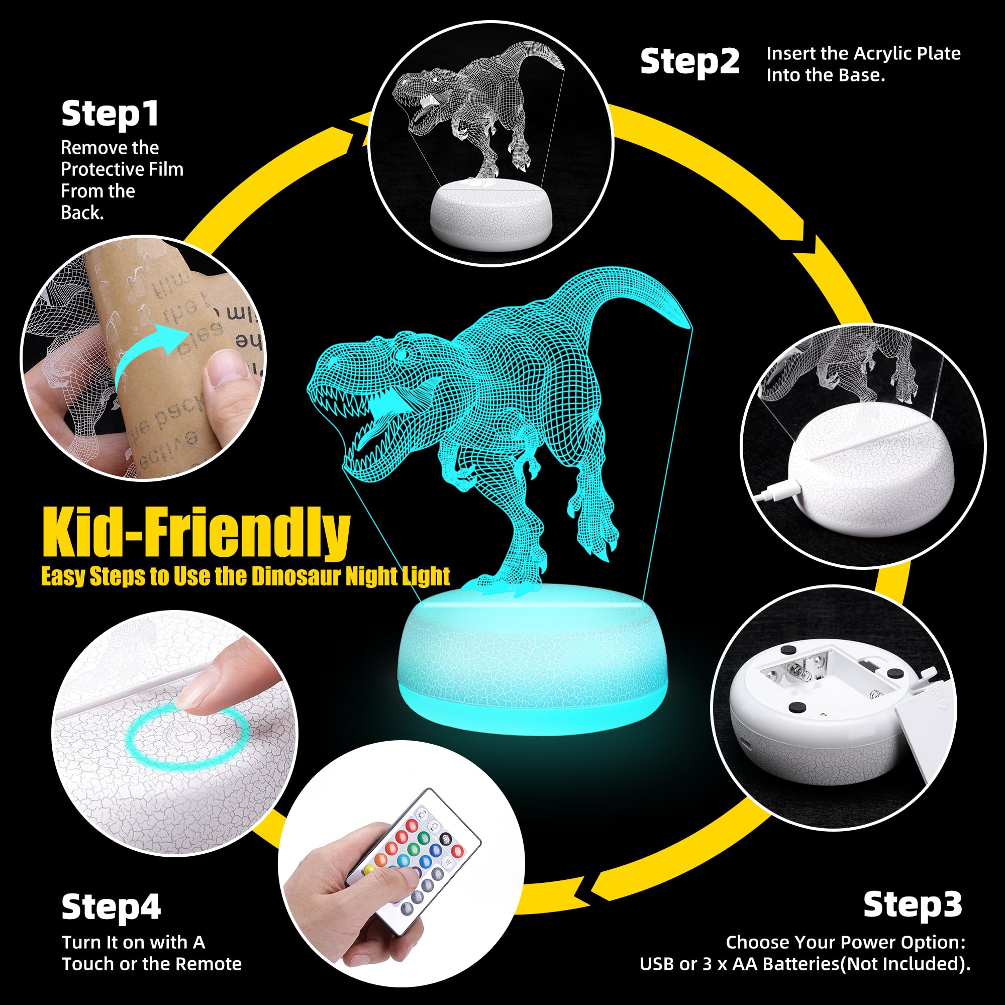 JURHHOEN Dinosaur Night Light, Night Light for Kids - Third-Generation 3D Acrylic Night Light, 16 Color Changing Lamp with 3 Din