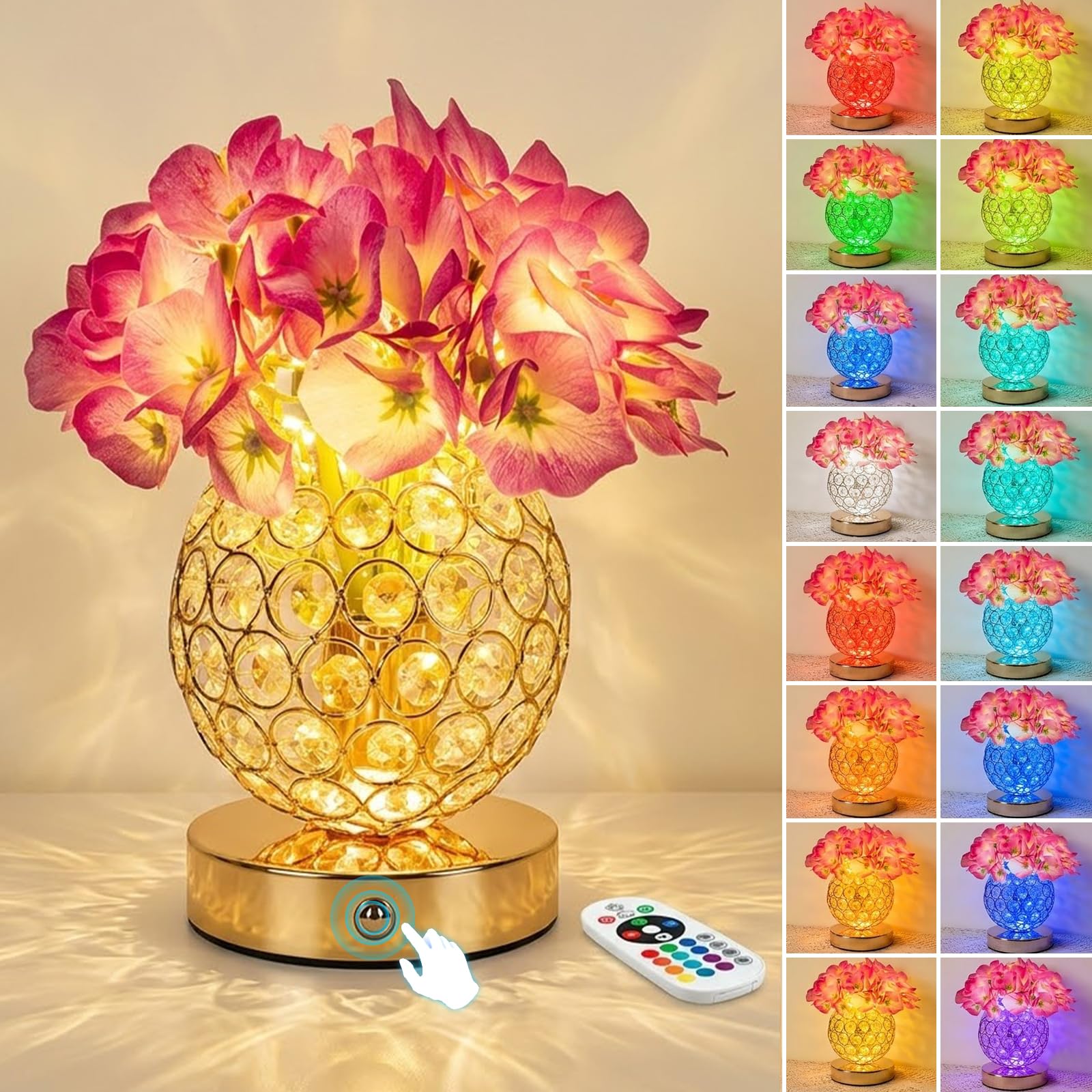 Flower Table Lamp, 16 Color Changing Hydrangea Crystal Night Light with Remote, Touch Dimming Artificial Flower Light, Romantic 
