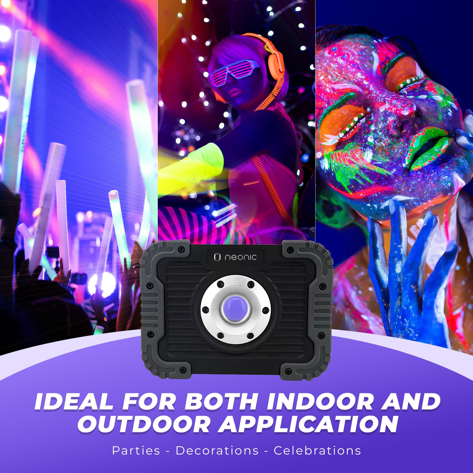 Neonic Rechargeable UV LED Black Light - Cordless 395nm Ultraviolet Flood Light for Neon Glow Parties & Catfishing, Black, 1 Count