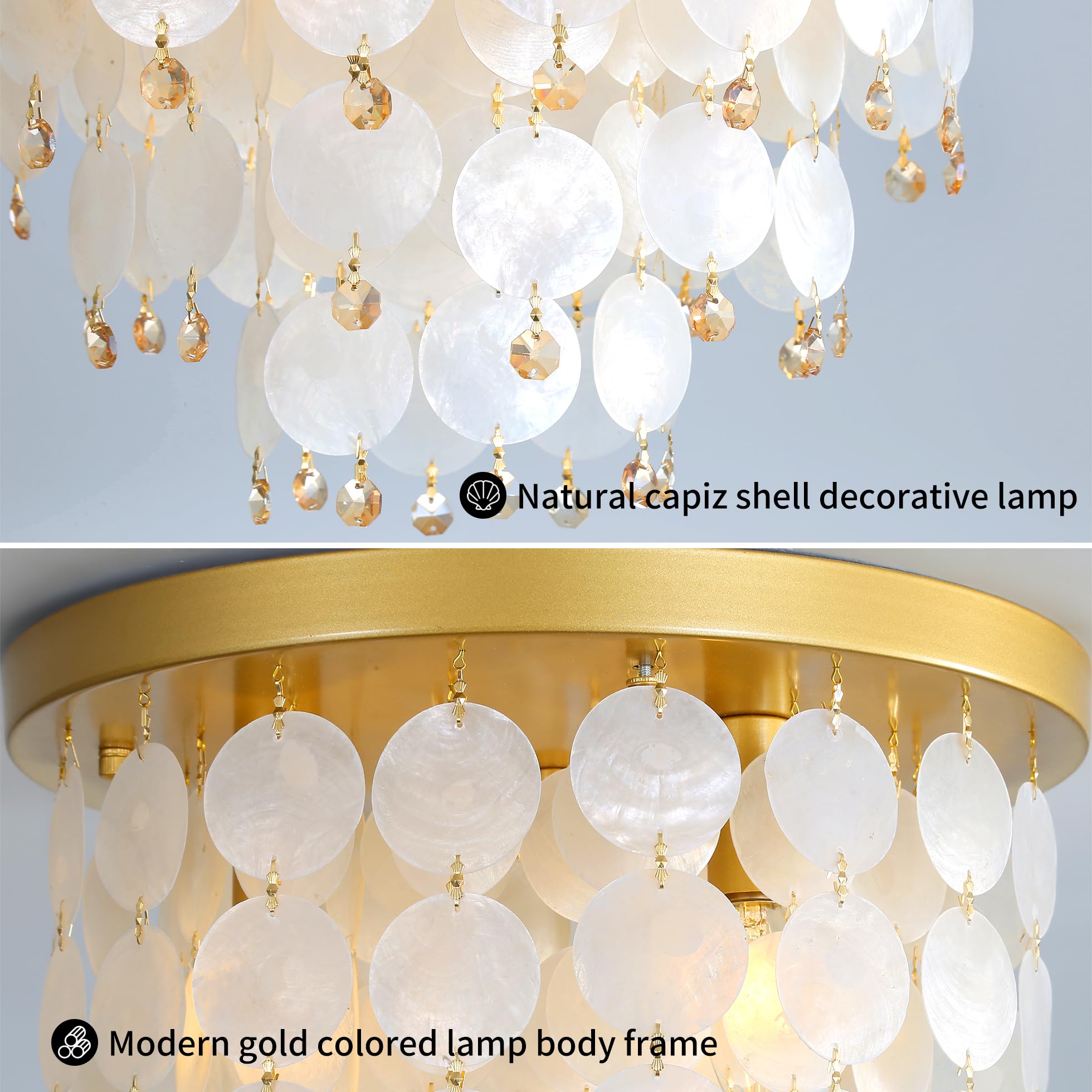 13&quot; Flush Mount Chandelier Natural Capiz Shell Ceiling Light 3 Light Mini Chandelier Gold Crystal Chandelier Hallway Light Fixtures Ceiling For Bedroom Kitchen Island Dinning Room Bulb Included