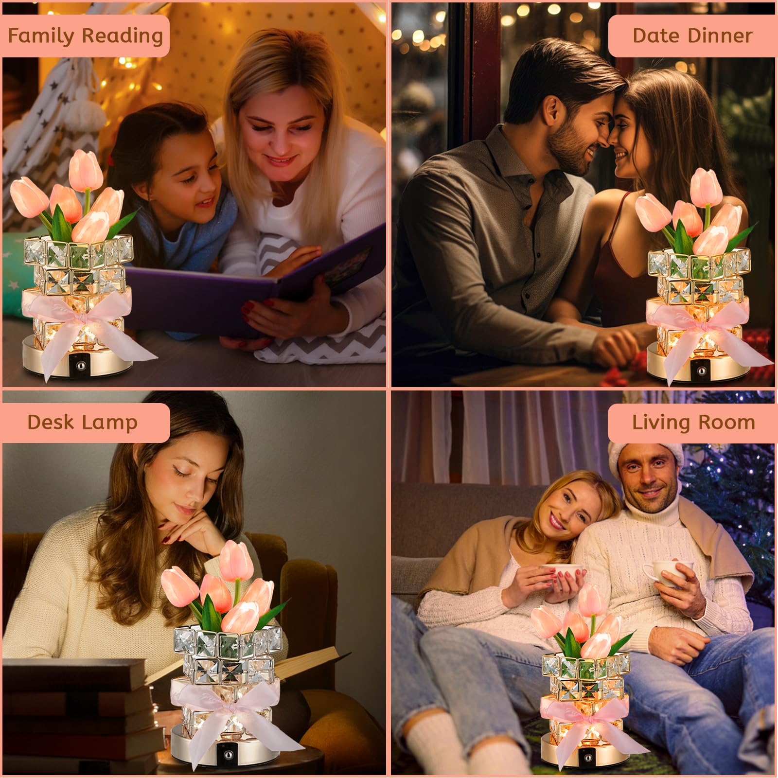 Tulip Table Lamp, 3-Color Dimmable Artificial Flowers Night Light, Rechargeable Cordless Small Desk Lamp, Fake Bouquet 5 Tulip W