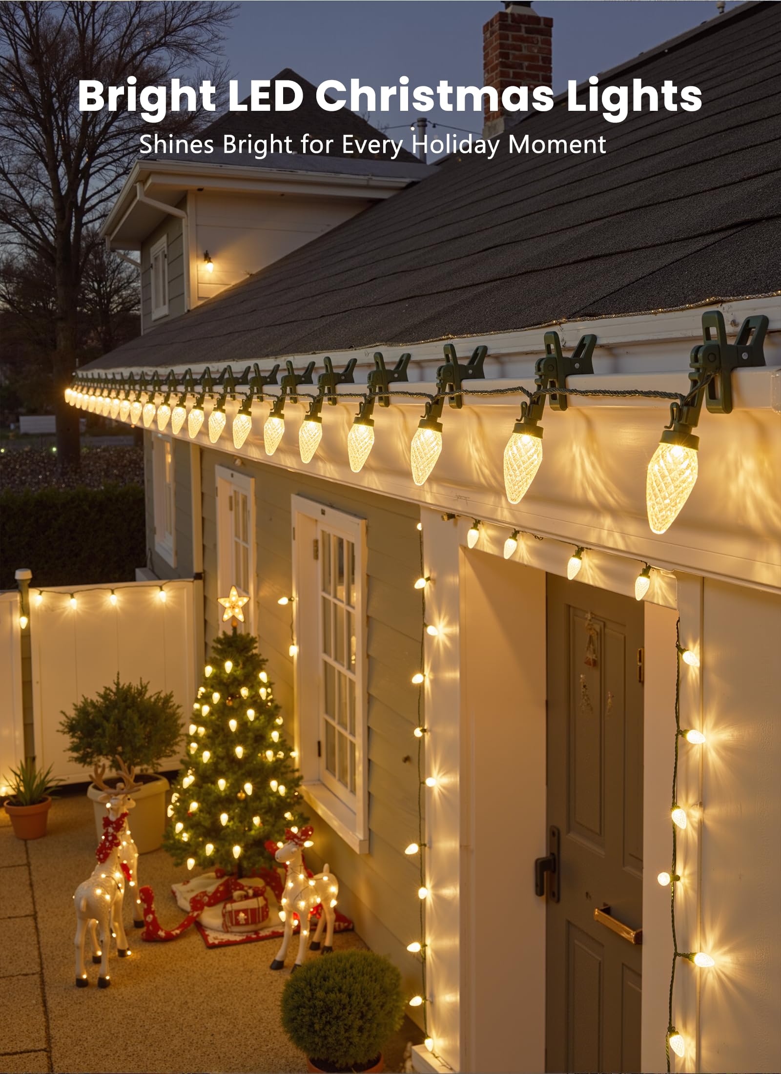 C9 Led Christmas Lights Outdoor  66 Feet 100 Led C9 String Lights With 100 Spring Clips  Waterproof Connectable Christmas Tree Lights For Outside Roofline Patio Home Xmas Decor  Warm White 2 Pack