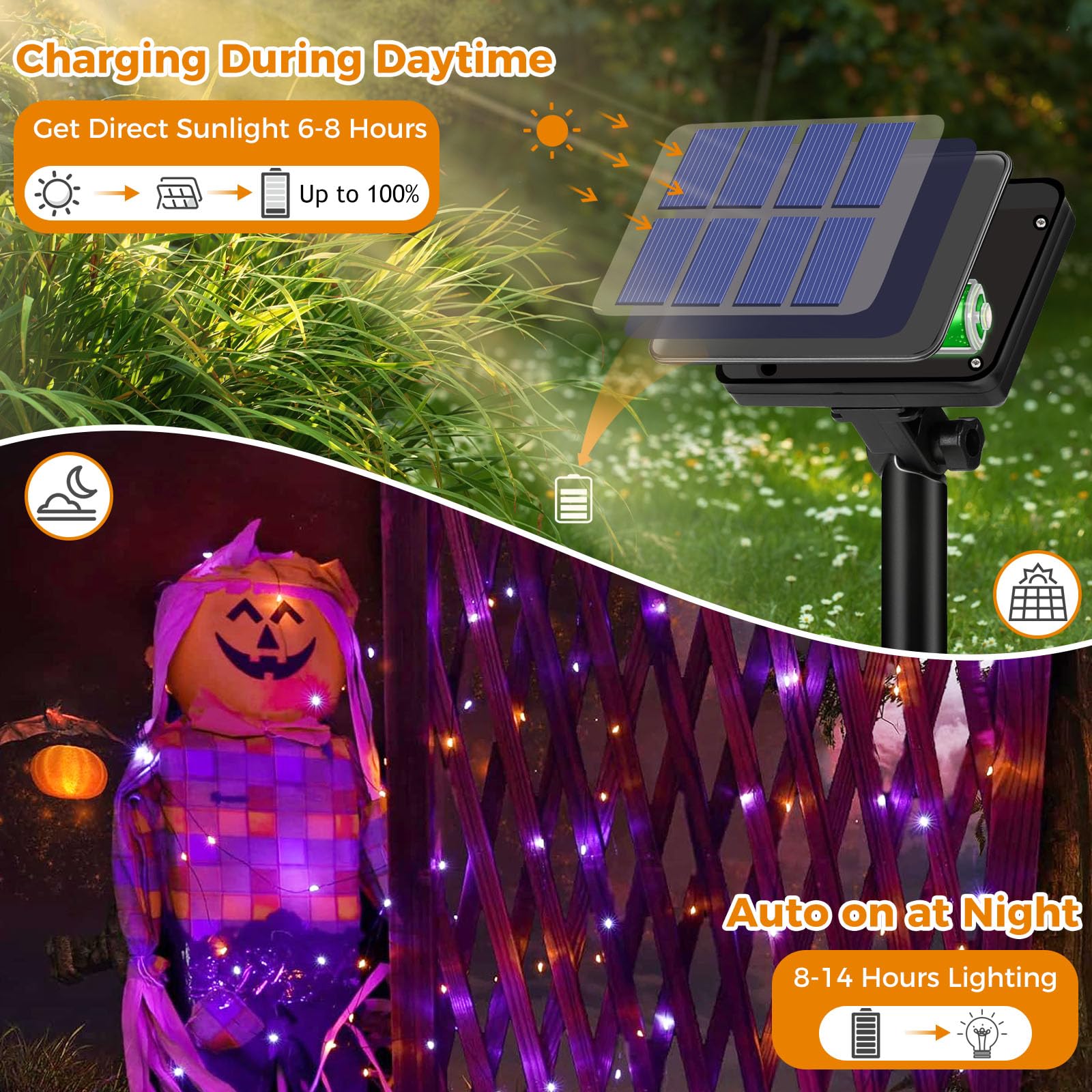btfarm Solar Fairy Lights Outdoor, 160 LED, 66FT, 8 Modes, Waterproof, 2 Pack, Orange Purple
