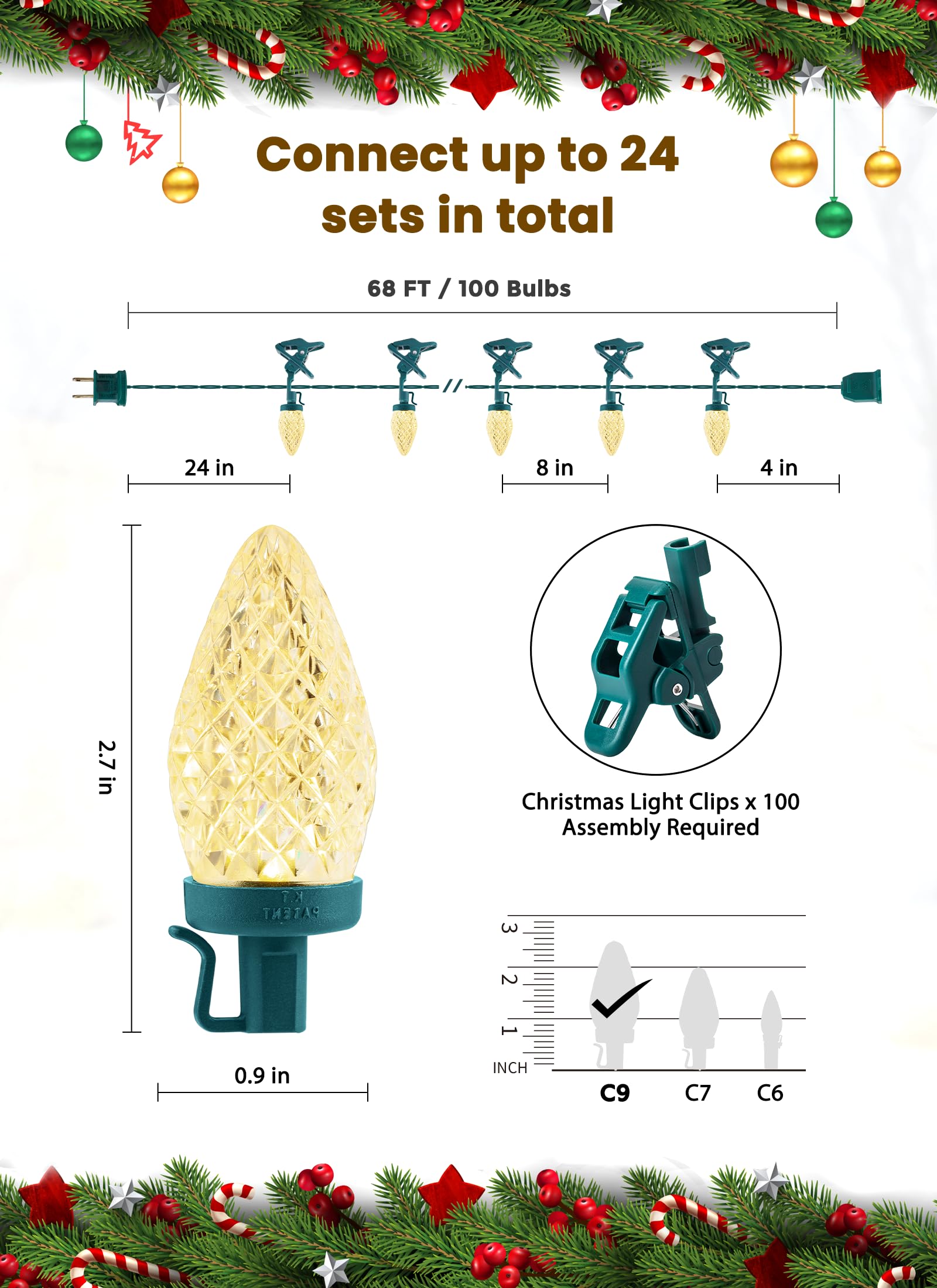 C9 Led Christmas Lights Outdoor  66 Feet 100 Led C9 String Lights With 100 Spring Clips  Waterproof Connectable Christmas Tree Lights For Outside Roofline Patio Home Xmas Decor  Warm White 2 Pack