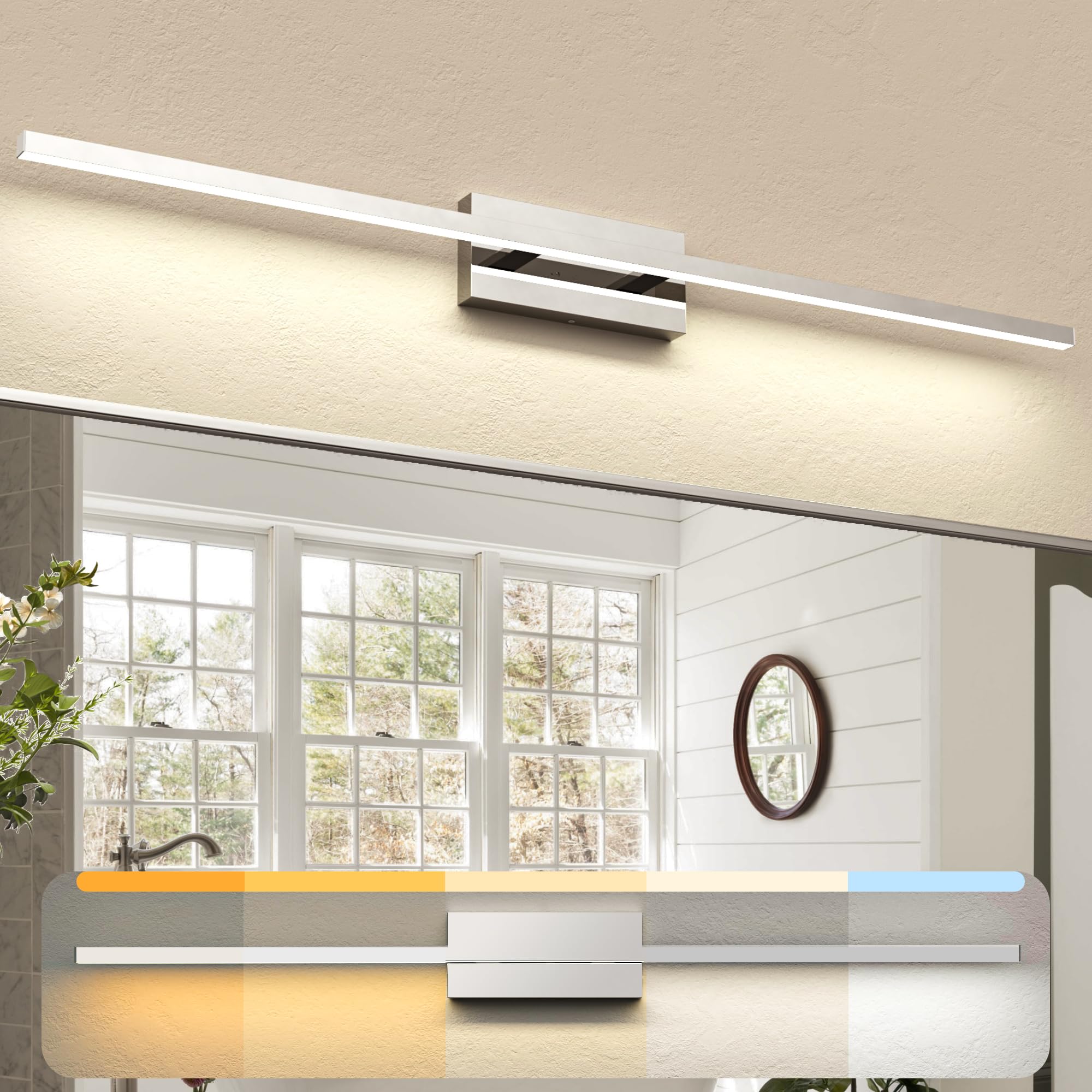 NIORSUN 48 inch Chrome Bathroom Vanity Light, Dimmable LED, Aluminum, Model V02, Silver