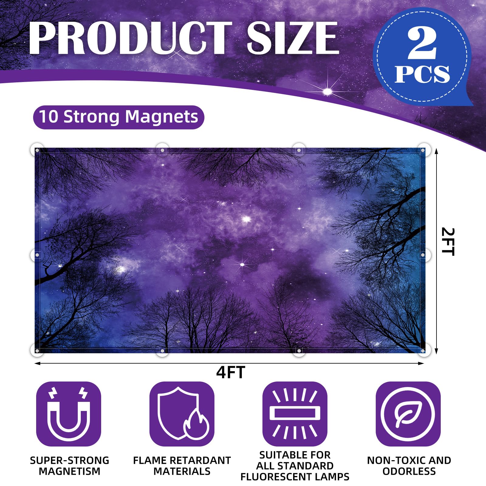 ANGSYLTH Fluorescent Light Covers - 4x2 Feet, Magnetic Filters for Classroom, Office, Home - 2 Pack, Forests & Starry Sky