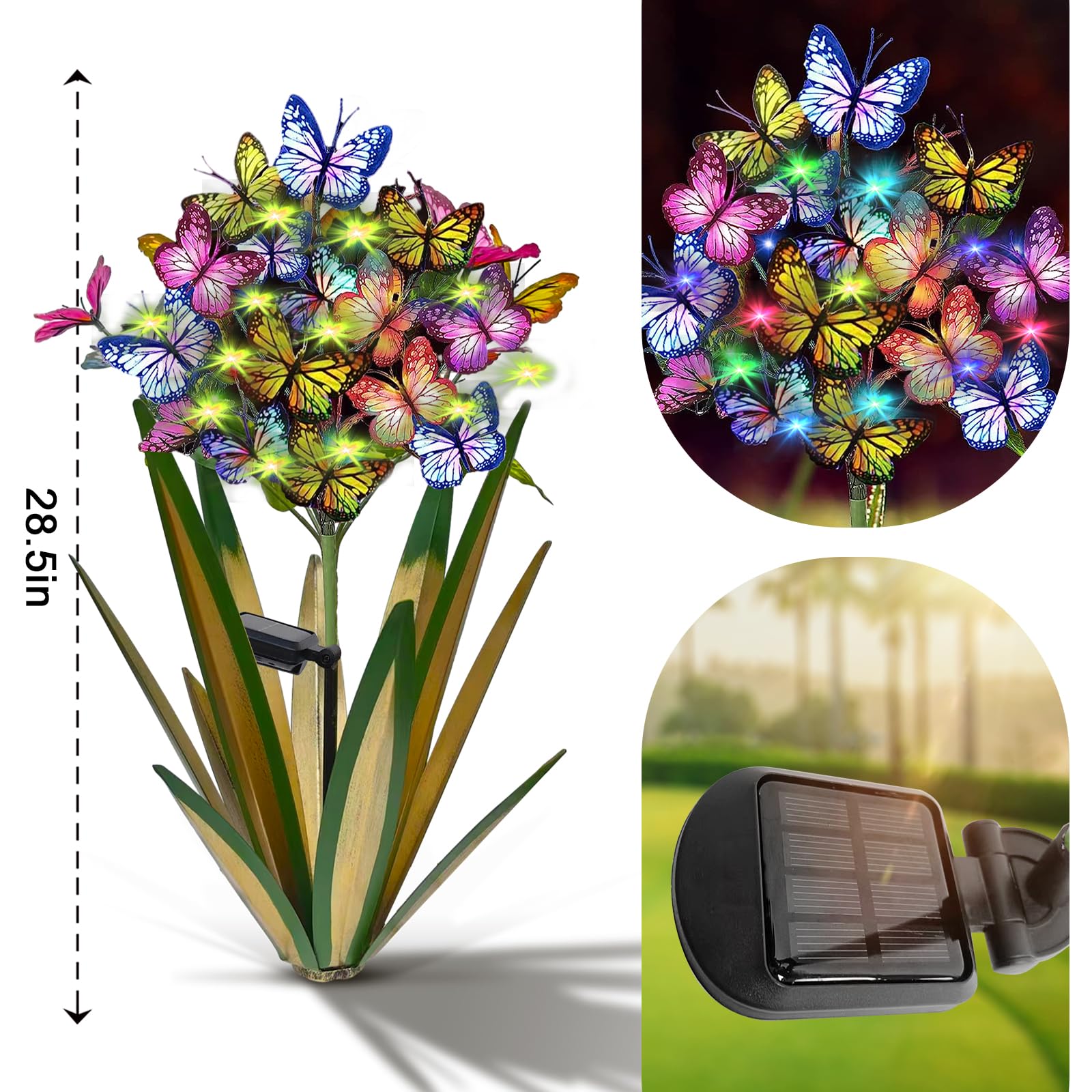 Solar Metal Agave Butterfly Flower Stick Garden Sculpture - Outdoor Gift, Christmas Lights, Swaying Butterfly, Sunflower - Solar Outdoor Statues (3 Pcs Light Green)