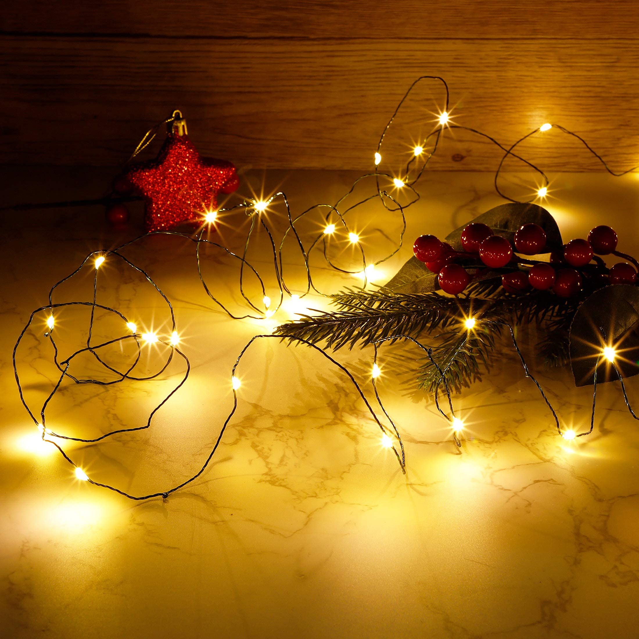 Twinkle Star LED String Lights, Dimmable, 66 ft, Warm White, Starry Green Wire for Indoor Outdoor Home Decoration