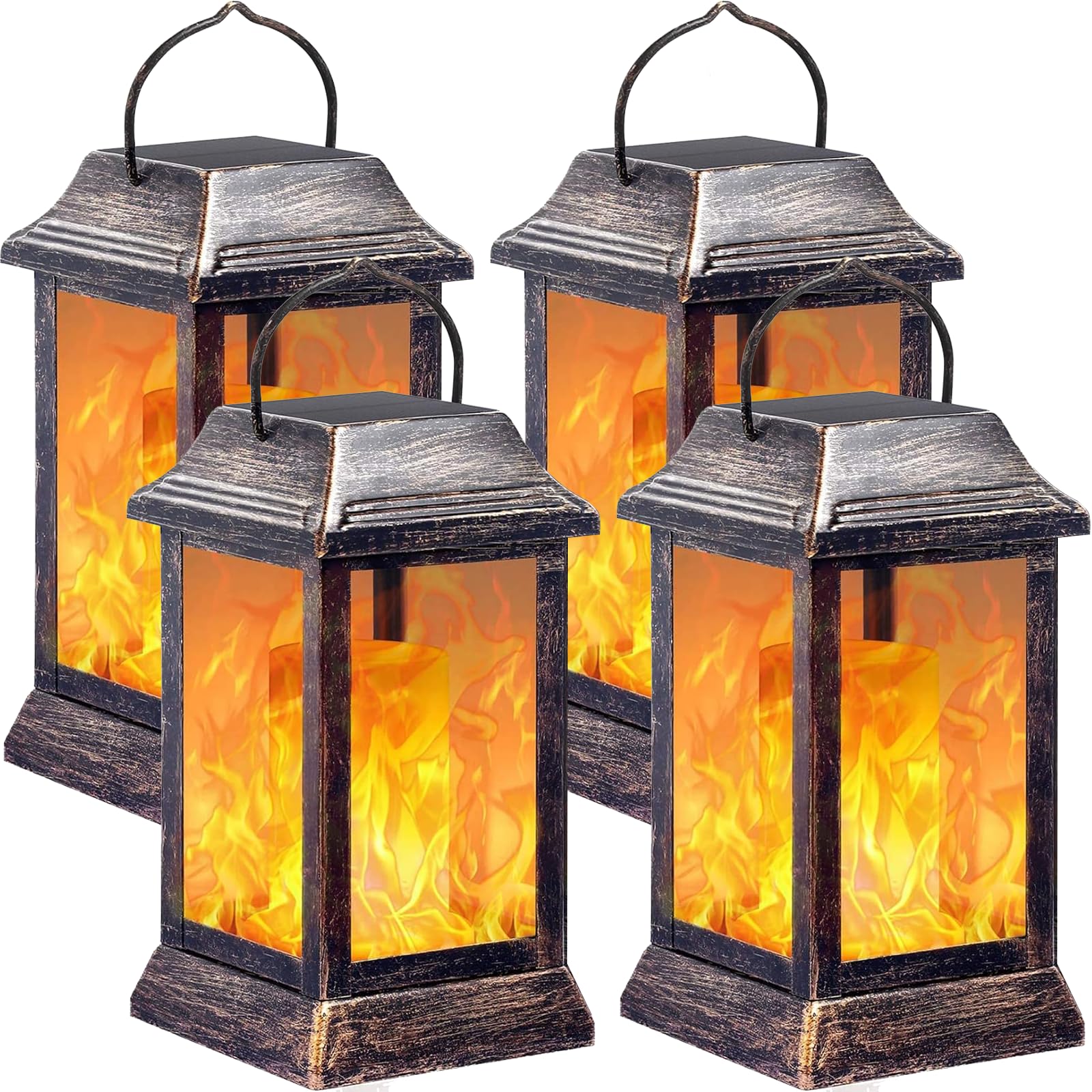 TomCare Solar Lights Metal Flickering Flame Solar Lantern Outdoor Hanging Lanterns Lighting Heavy Duty Solar Powered Waterproof LED Flame Lights for Patio Garden Christmas Decorations  4 Pack (Bronze)