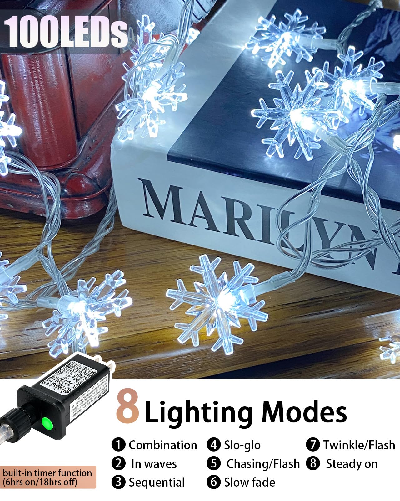 Miqia 100 Led Snowflake Lights - 32Ft Waterproof Christmas String Lights, 8 Modes, White