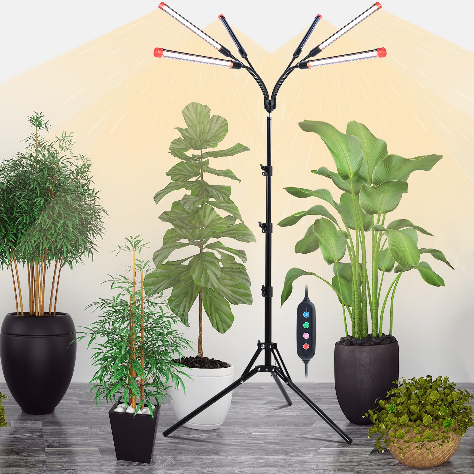 Orchbloom 6Head Grow Light on Stand for Large and Tall Indoor Plants  Bonsai Tree  Bright and Big Coverage Plant Growing Lamps  4/8/12/16/20H Timer  54 Watt Power Draw  NO Need Adapter  360 Gooseneck