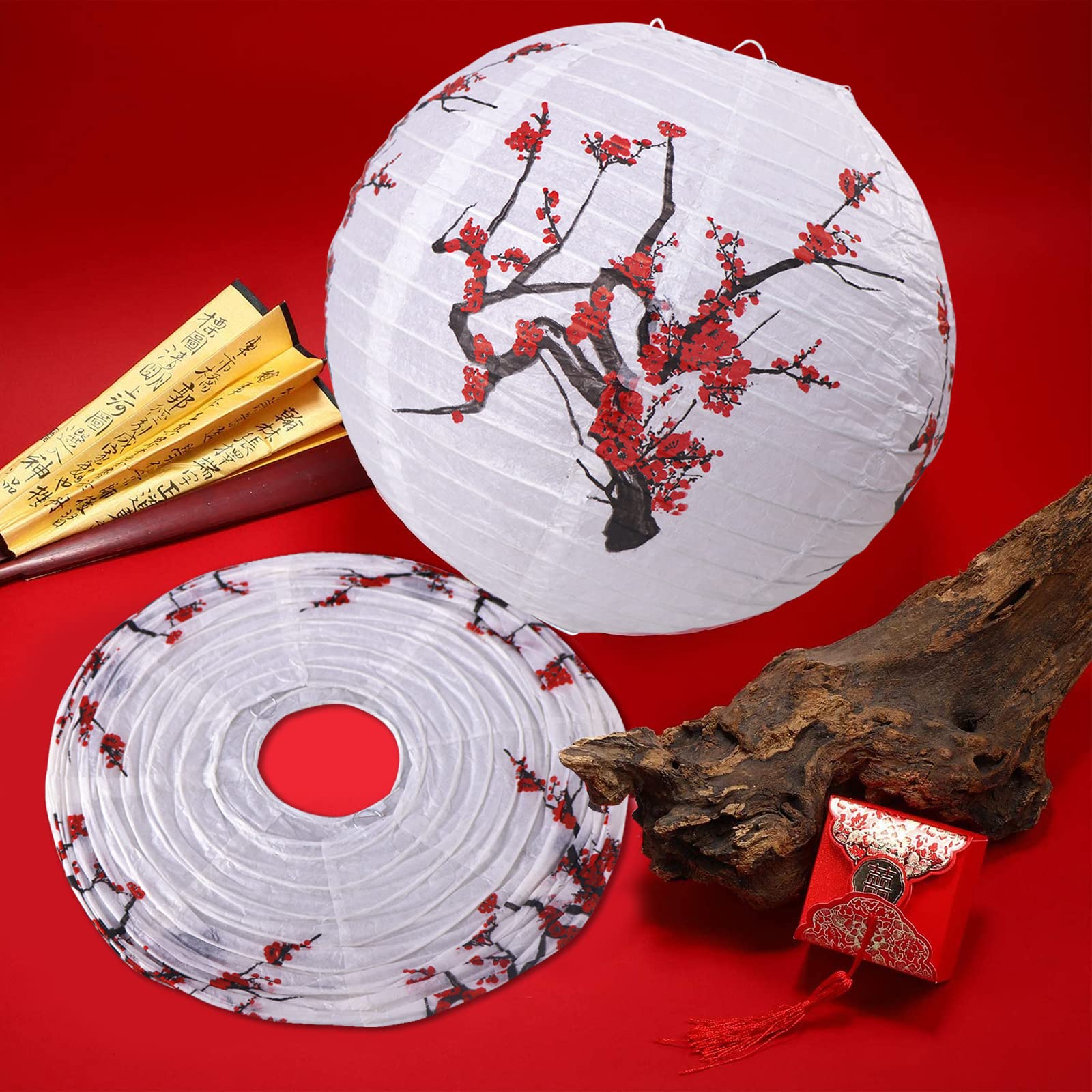 Kaxixi Chinese Japanese Paper Lanterns, Hanging Cherry Plum Blossom Round Party Lanterns For Oriental Restaurant Wedding Birthday Party Mid Autumn Festival Decorations