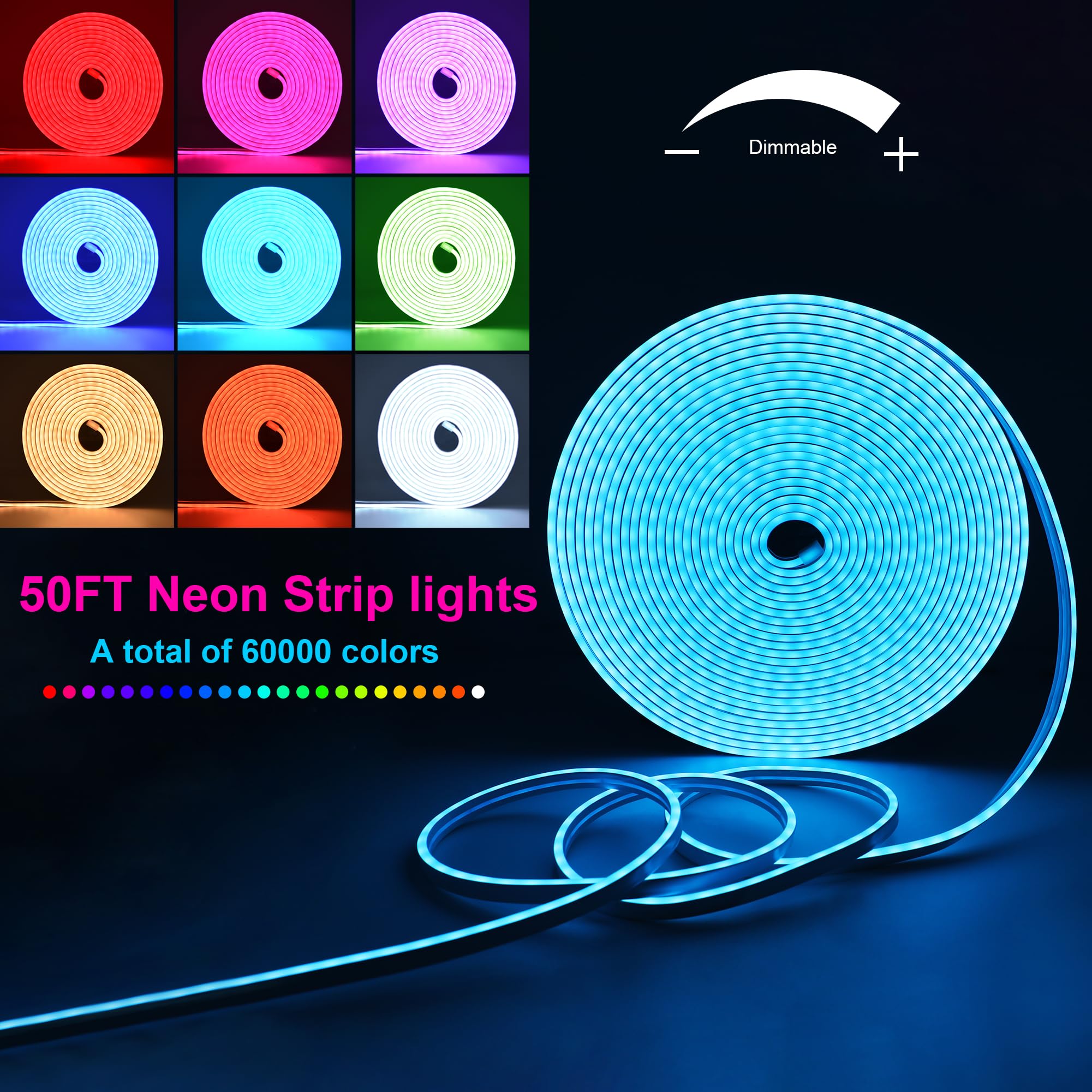 Cciland 50Ft Led Neon Rope Lights, Music Sync With Remote App Control Rgb Neon Led Strip Lights With Multiple Modes Ip68 Waterpr