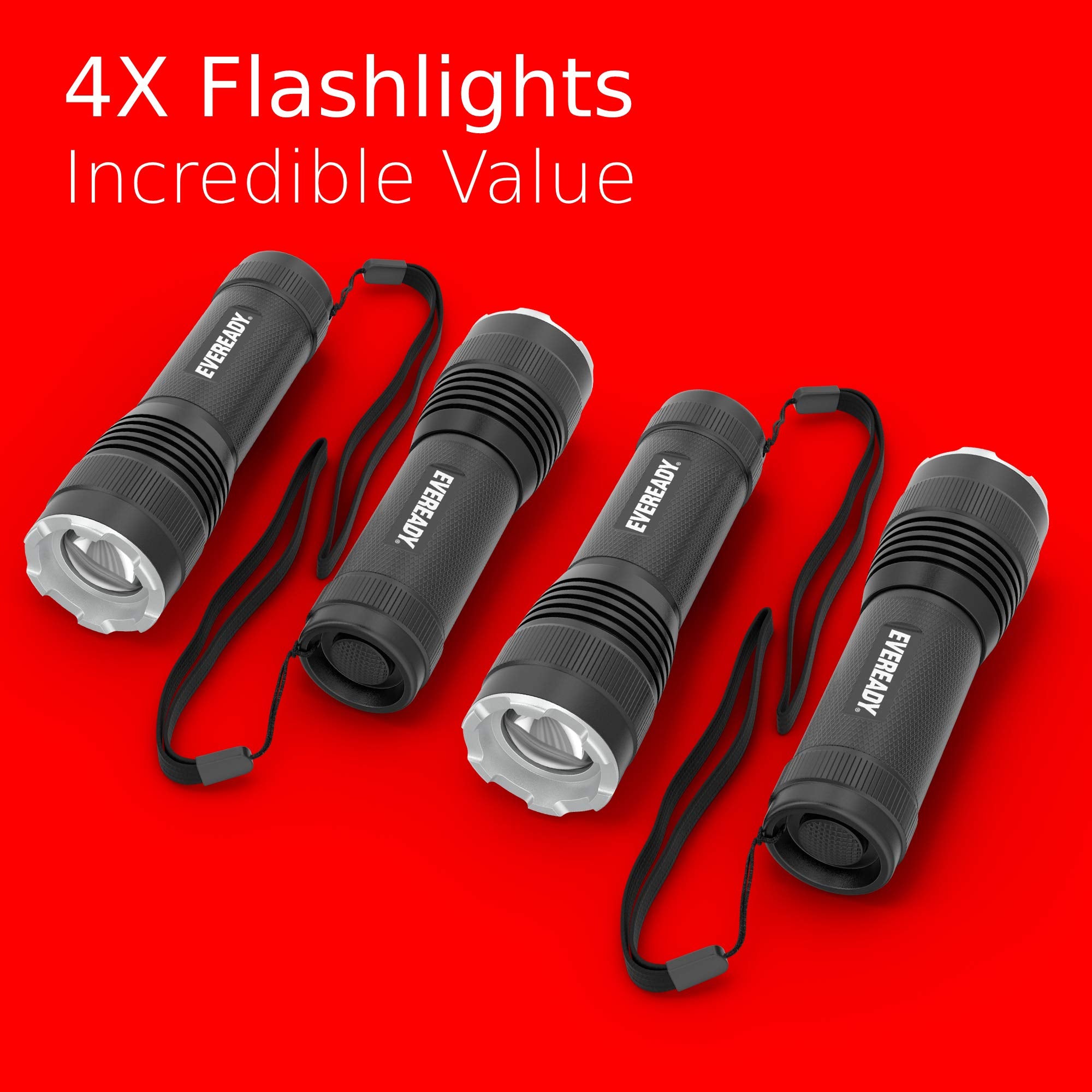 Eveready LED Flashlights 4-Pack, IPX4 Water Resistant Tactical Torches, Black, Model S300 PRO for Camping & Emergencies