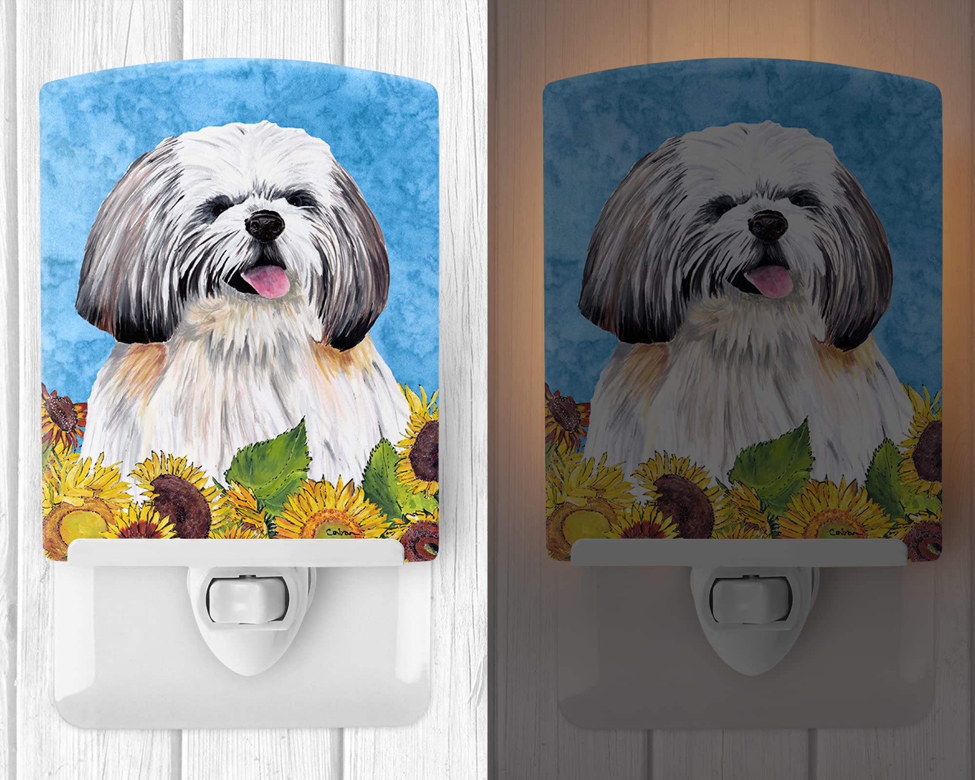 Caroline'S Treasures Sc9075Cnl Shih Tzu In Summer Flowers Ceramic Night Light Compact, Ul-Certified, Ideal For Bedroom, Bathroom, Nursery, Hallway, Kitchen, 6X4X3, Multicolor